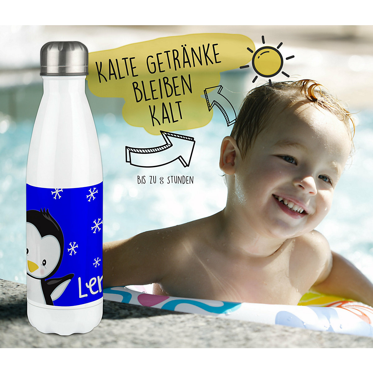 Edelstahl Kinder Thermoflasche / Trinkflasche bunt Pinguin Farbe blau Spülmaschinenfest, Auslaufsicher, Bruchfest, Doppelwandig, Für Heißgetränke geeignet, Mit Deckel, Isoliert