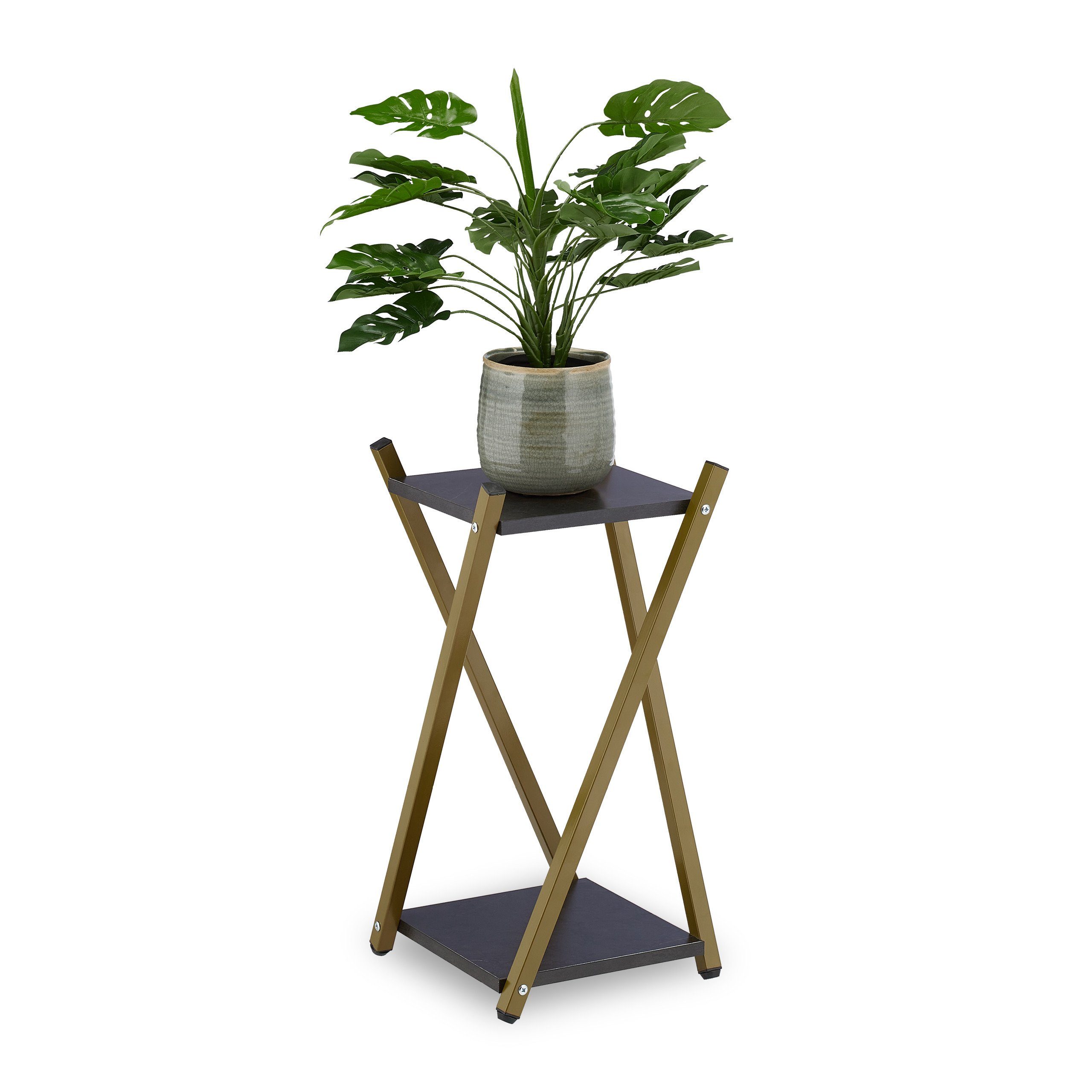 relaxdays Blumenhocker Blumenständer mit 2 Etagen Marmoroptik, Schwarz