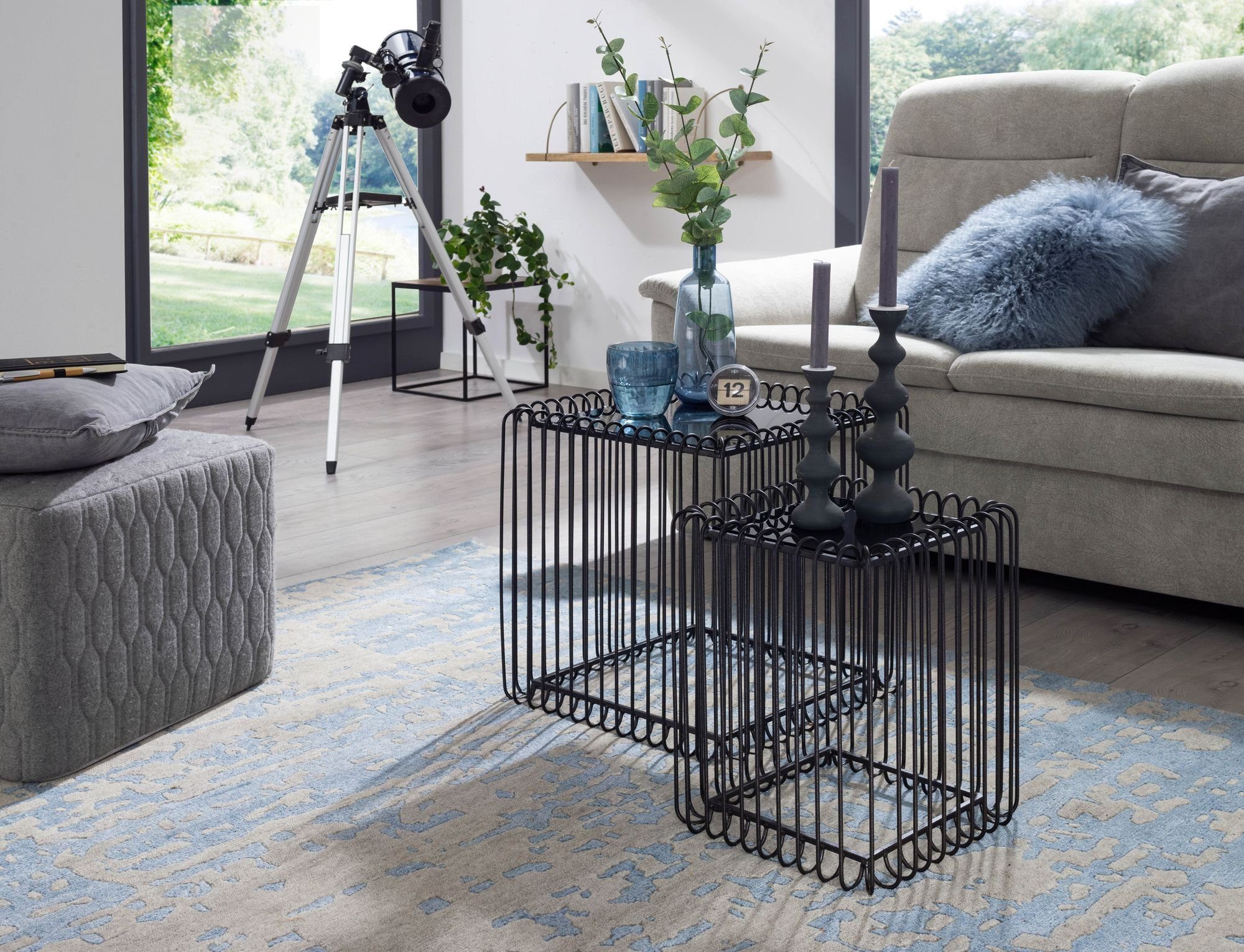 FINEBUY Satztisch FB82285 (Beistelltisch 2er Set Schwarz, Sofatisch Glas), Wohnzimmertisch Metall, Couchtisch Quadratisch