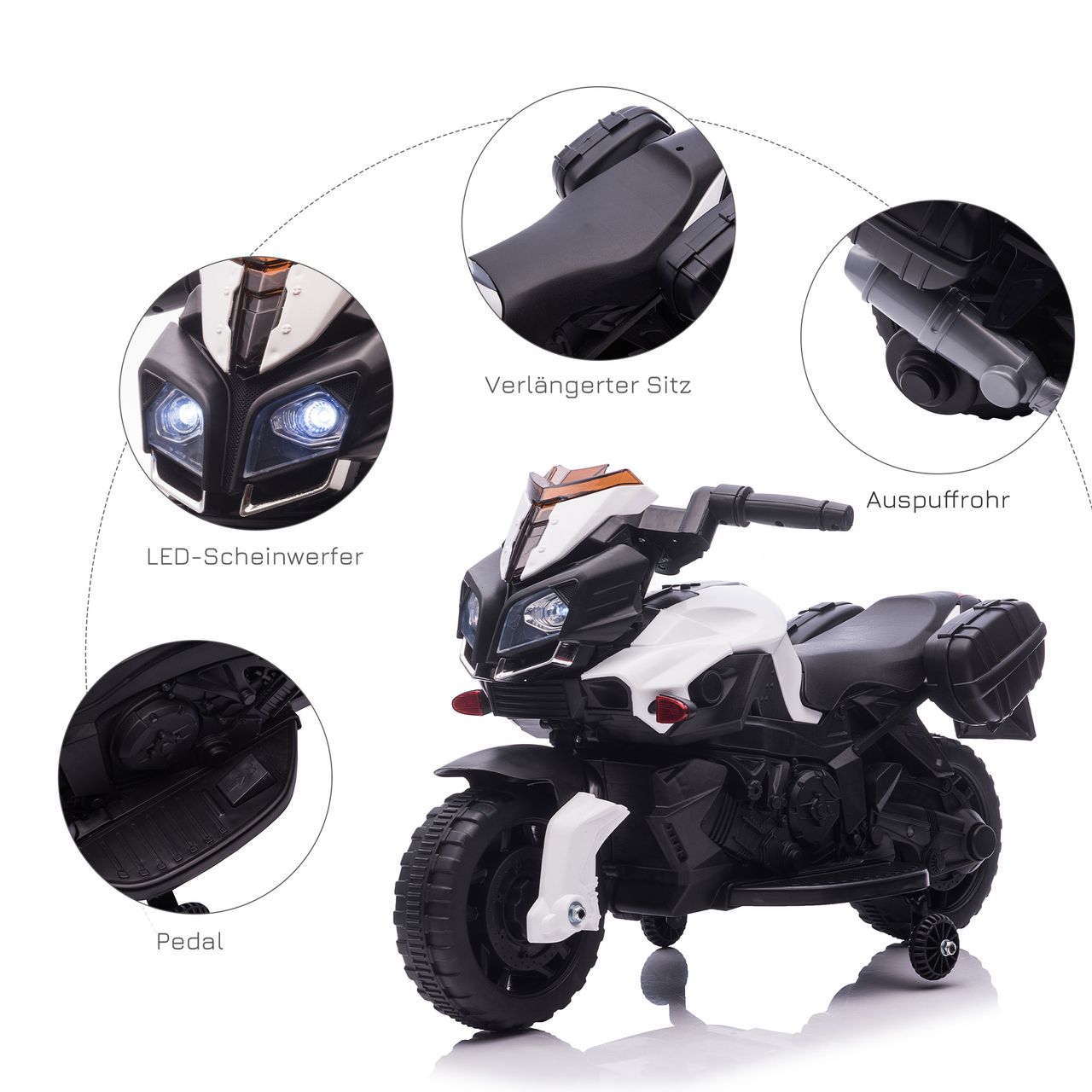 HOMCOM Elektromotorrad Kinderelektroauto Elektro-Kindermotorrad Kinderfahrzeug 6V LED-Licht simuliertes Motorgeräusch Metall PP Schwarz Weiß 88,5x 42,5x49 cm