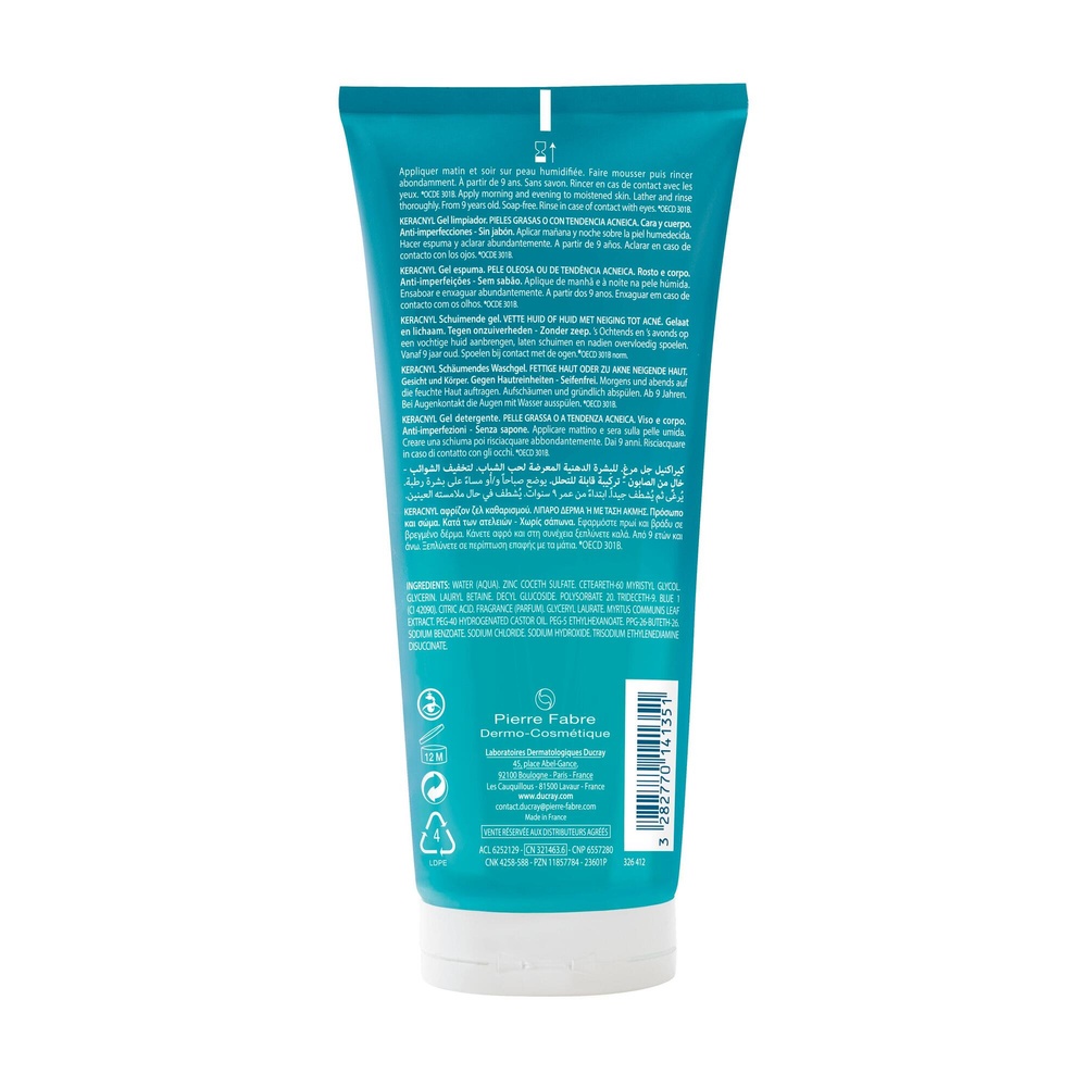 Ducray Keracnyl - Gel moussant nettoyant purifi ant visage peau grasse 200ml Nettoyant