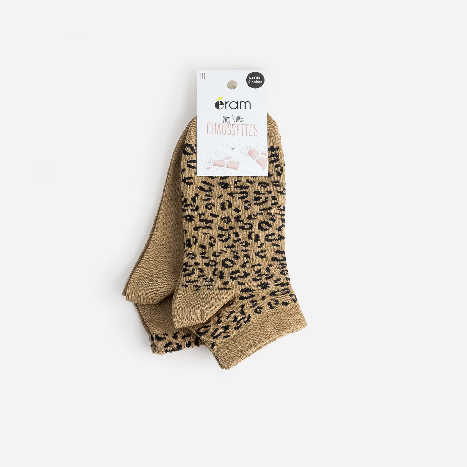 Chaussettes courtes camel et noir à motif léopard