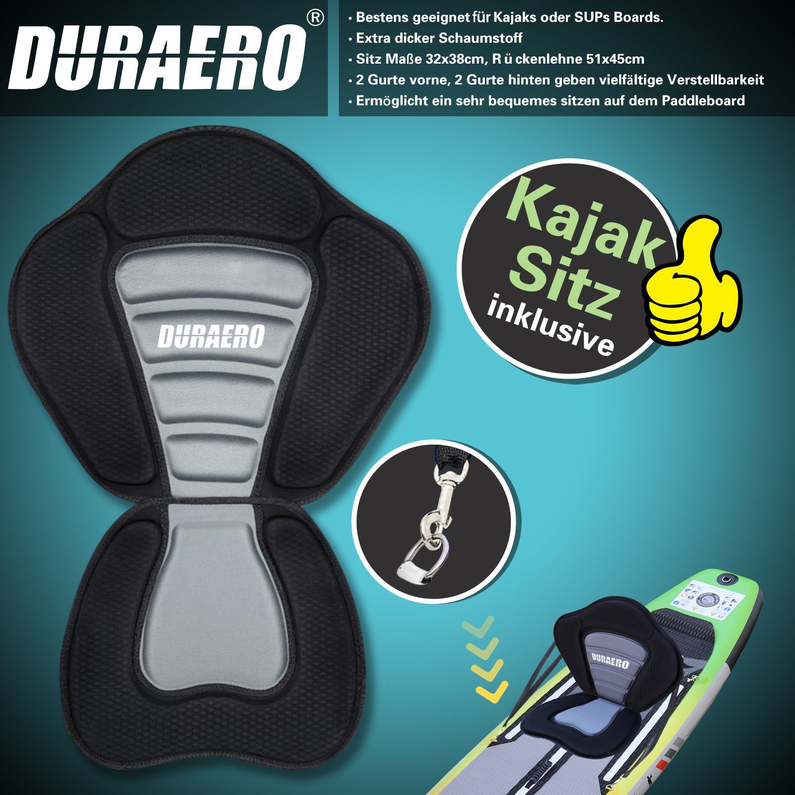 DURAERO Inflatable SUP-Board Stand up paddle Board, Action-Cam Halterung, 330x76x15cm, bis 150kg