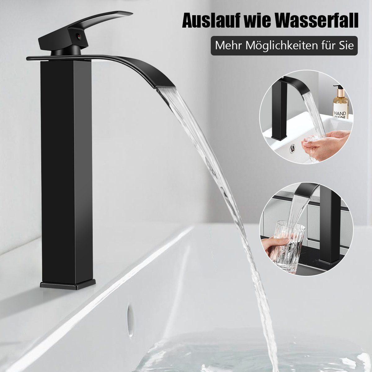 LETGOSPT Waschtischarmatur Waschtischarmatur, Wasserhahn Bad mit Auslauf Höhe 20cm, mit Zugstange Badarmatur wassersparend, Matt-Schwarz Edelstahl 304
