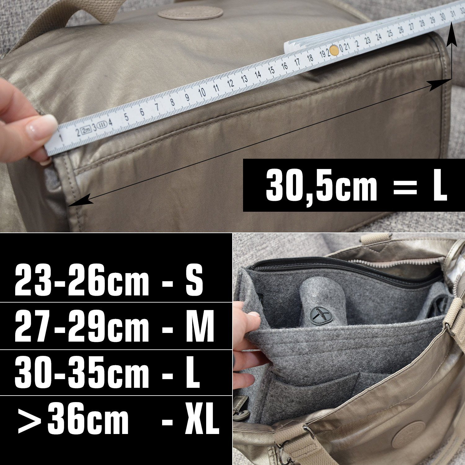 DuneDesign Aufbewahrungstasche Handtaschen Organizer XL 36x12x22cm Filz Einsatz, 36x12x22 cm Innentasche Grau