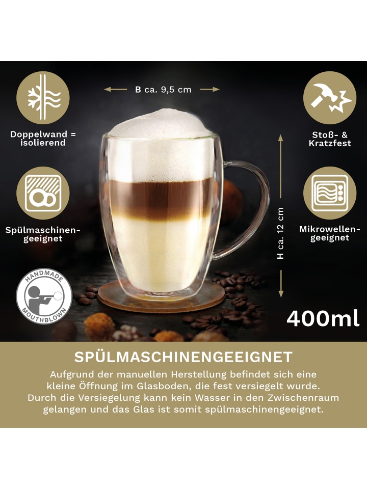 Creano 6er Set doppelwandige Thermobecher mit Henkel 400ml h-hoch Glas günstig kaufen onesize
