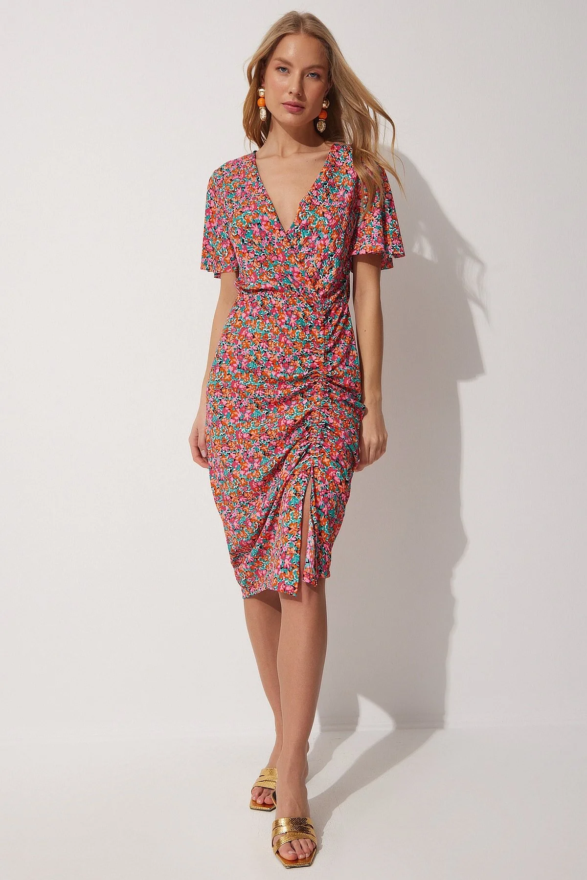 Happiness İstanbul  Damen-Sommerkleid mit Wickelkragen, rosa Blumenmuster, MC00162