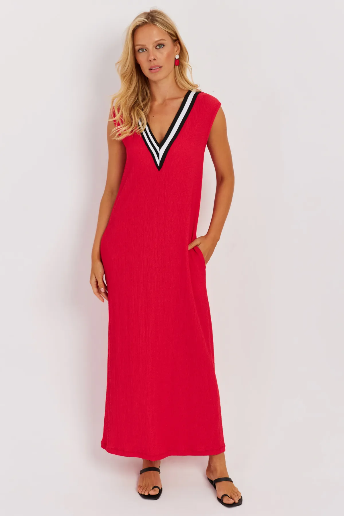 Cool & Sexy  Rotes Damen-Maxikleid mit V-Ausschnitt und Blockmuster EY2779
