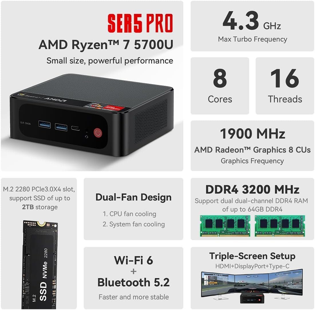 Beelink Ryzen 7 Business mit Windows 11 Computer Mini Pc Office HomeOffice Pc Mini-PC (AMD Ryzen 7 5700U, Radeon Graphics, 32 GB RAM, 1000 GB SSD, Luftkühlung, 2 Monitor Anschlüsse,Multimedia Workstation,AMD,Business,Angebot)