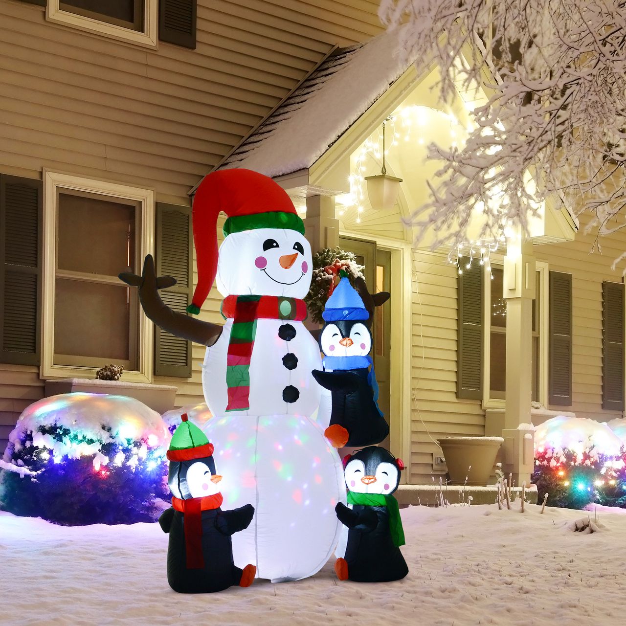 HOMCOM Weihnachten aufblasbarer Schneemann mit 3 Pinguinen LEDs Polyester 140 x 70 x 180 cm