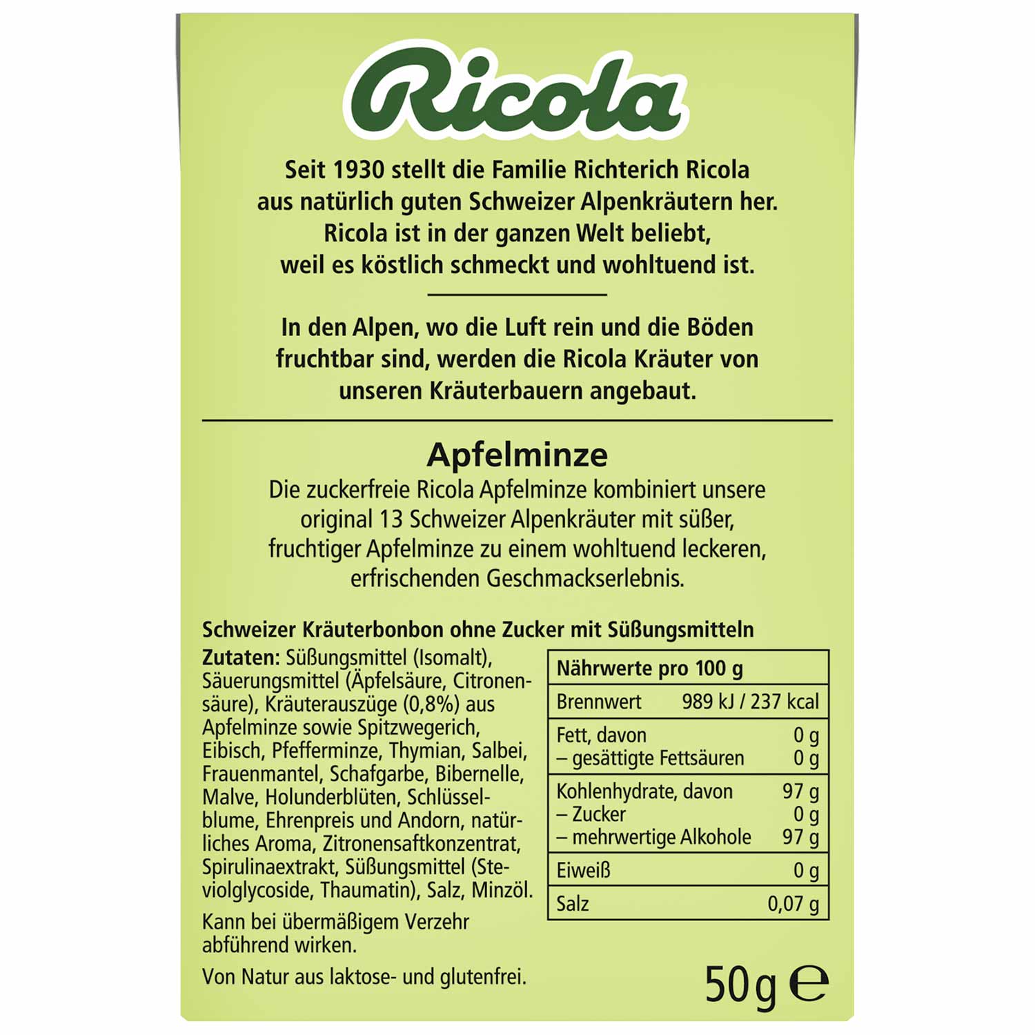 Ricola Apfelminze ohne Zucker 50g