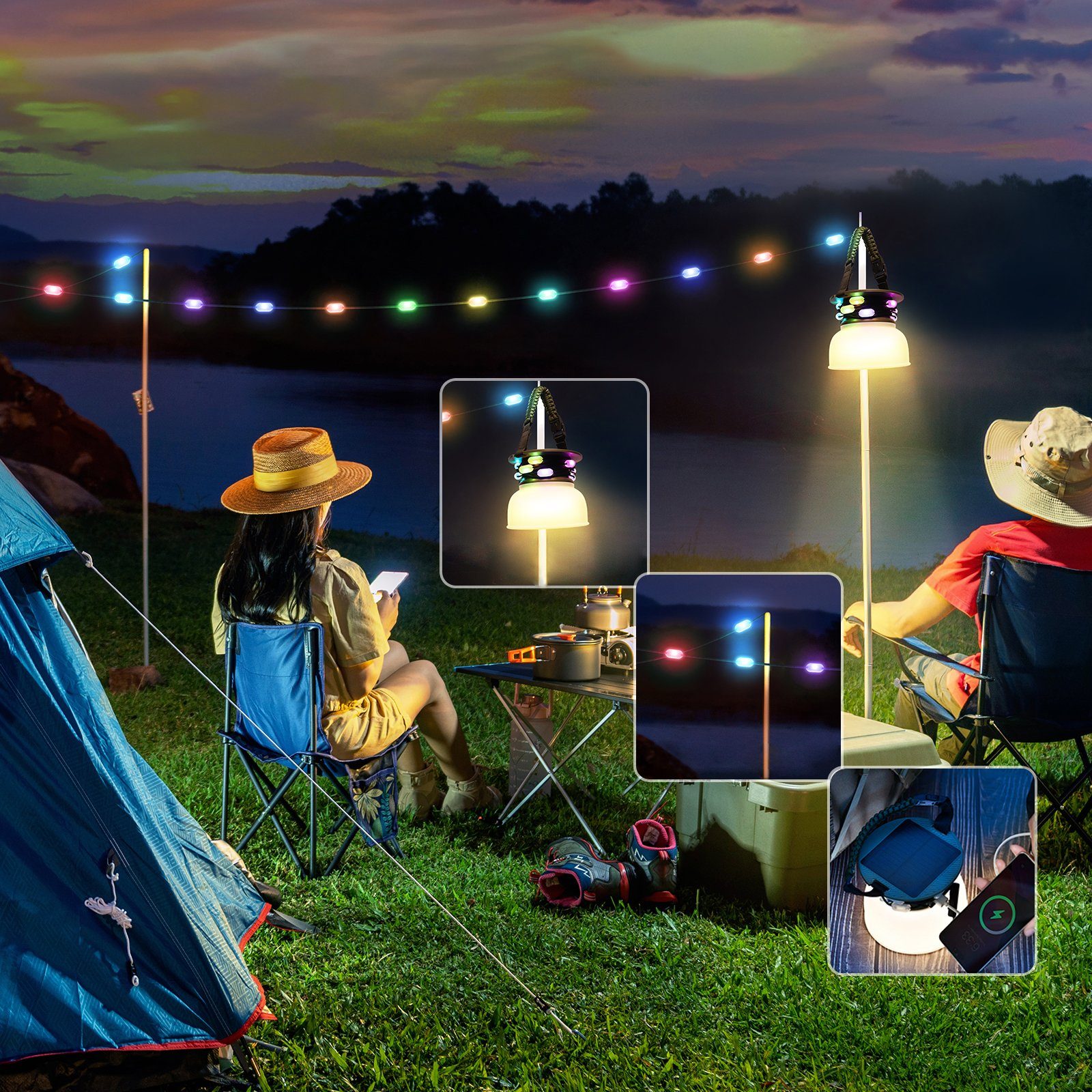 WILIT LED Laterne Campinglampe, Solar Lichterketten Outdoor 5m, Campingleuchte Aufladbar, LED fest integriert, Warmweiß, RGB, 3-stufige Normalbeleuchtung, 5V/1A-Ladefunktion für Aufladen