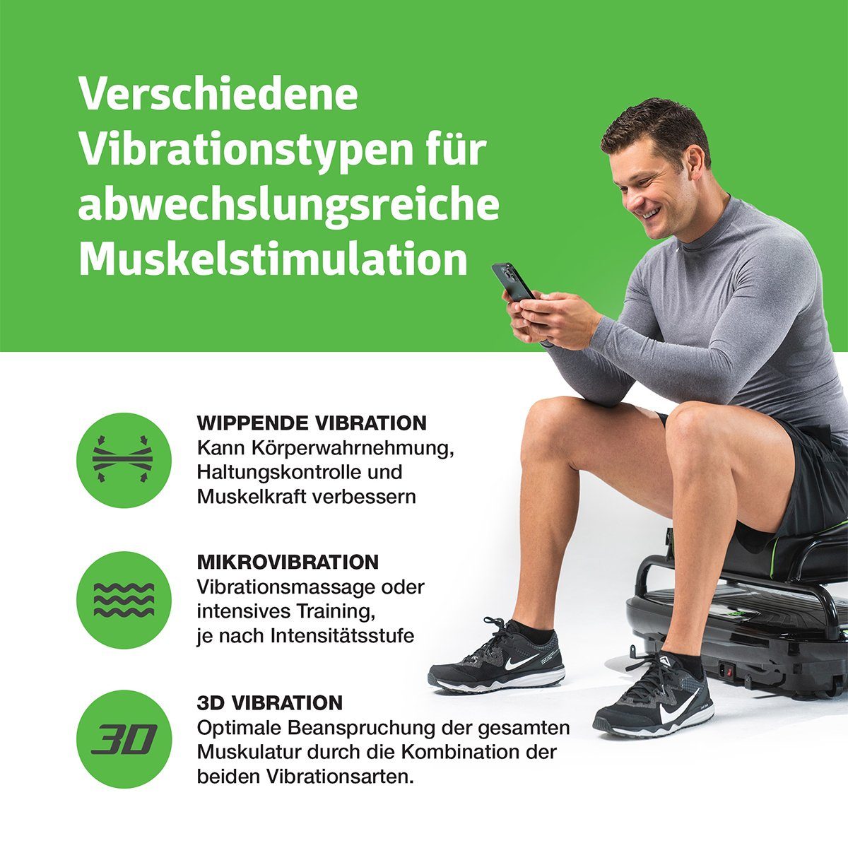Donnerberg Vibrationsplatte Sport MP-999 SET, 500,00 W, 32 Intensitätsstufen, (2 tlg), 3 Vibrationsarten + Zubehör für Ganzkörpertraining + Sitz