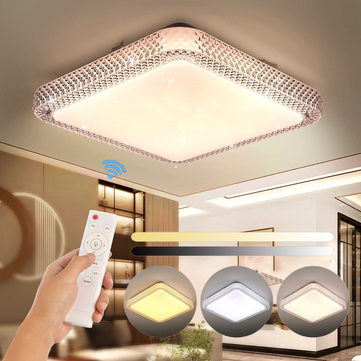 LETGOSPT Deckenleuchte 25W LED Deckenleuchte Dimmbar Kristall Deckenlampe mit Fernbedienung, LED fest integriert, Kaltweiß, Naturweiß, Warmweiß, Schlafzimmerlampe Ø29cm, Modern Sternenhimmel Quadrat Deckenbeleuchtung