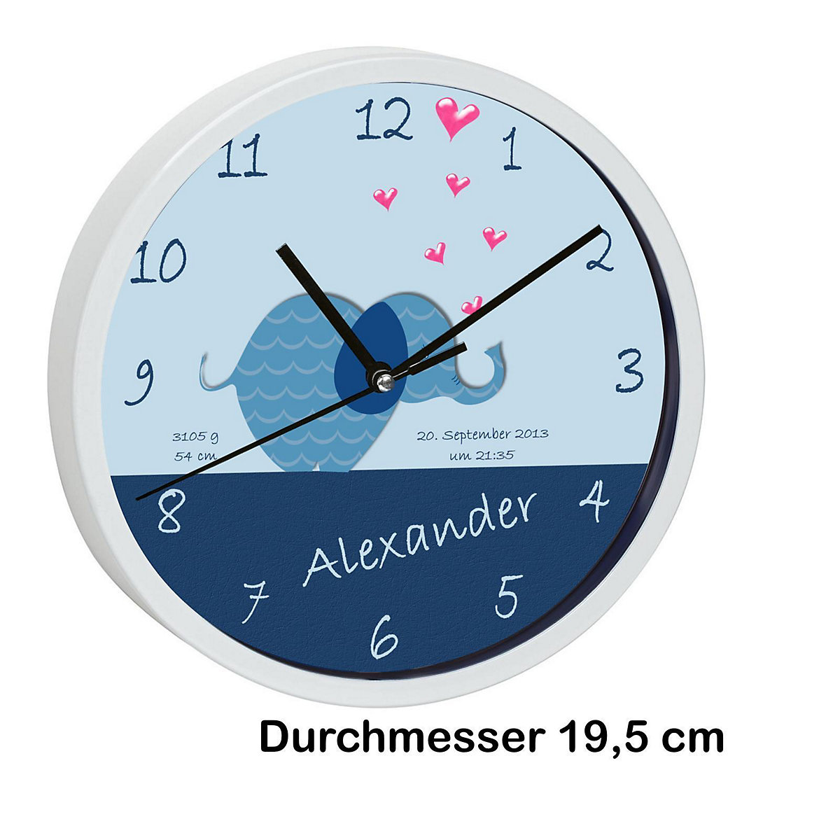 Kinder Wanduhr personalisiert mit Name Elefant blau