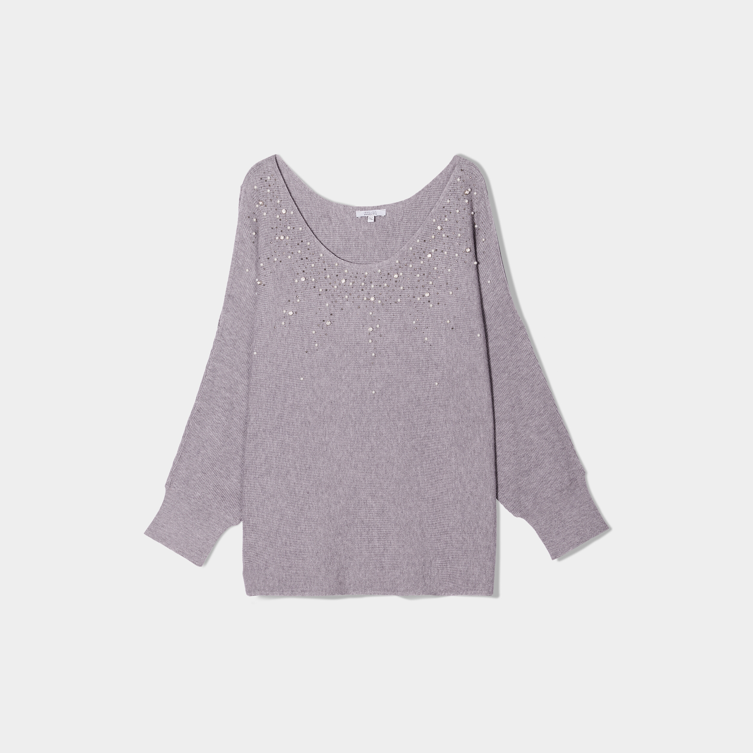Pull perles strass manches avec fentes gris femme grande taille | La Halle