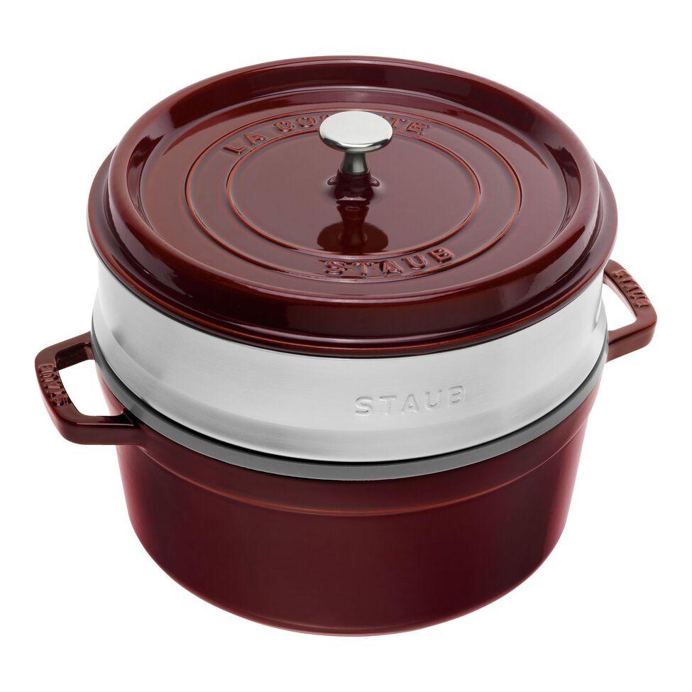 Cocotte mit Dämpfeinsatz 26 cm, rund, Grenadine-Rot, Gusseisen