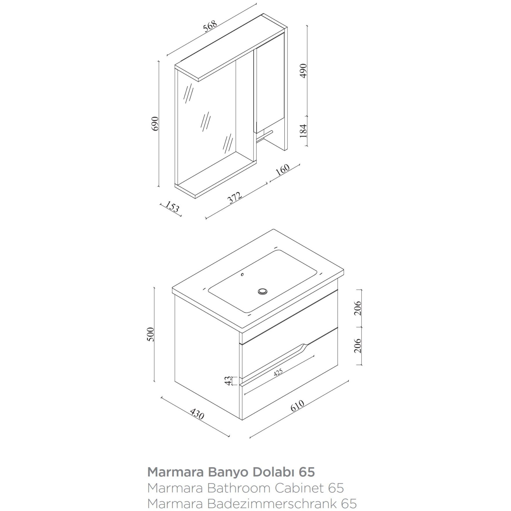 Karen Badezimmer-Set Marmara (Eiche), (Komplett-Set, 3-Teilig (Unterschrank, Spiegelschrank, Waschbecken), Innovatives Design, MDF Lam, Softclose, Funktionalität