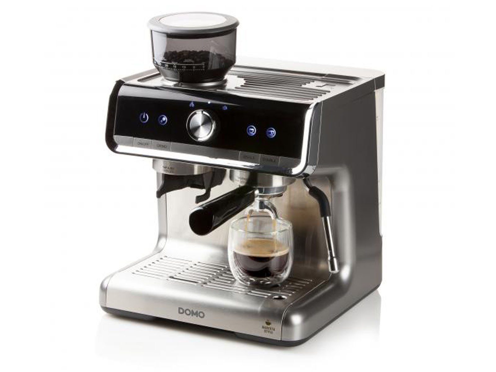 Domo Espressomaschine, Metallfilter, Siebträgermaschine mit Mahlwerk Milchschäumer & abnehmbaren Wassertank