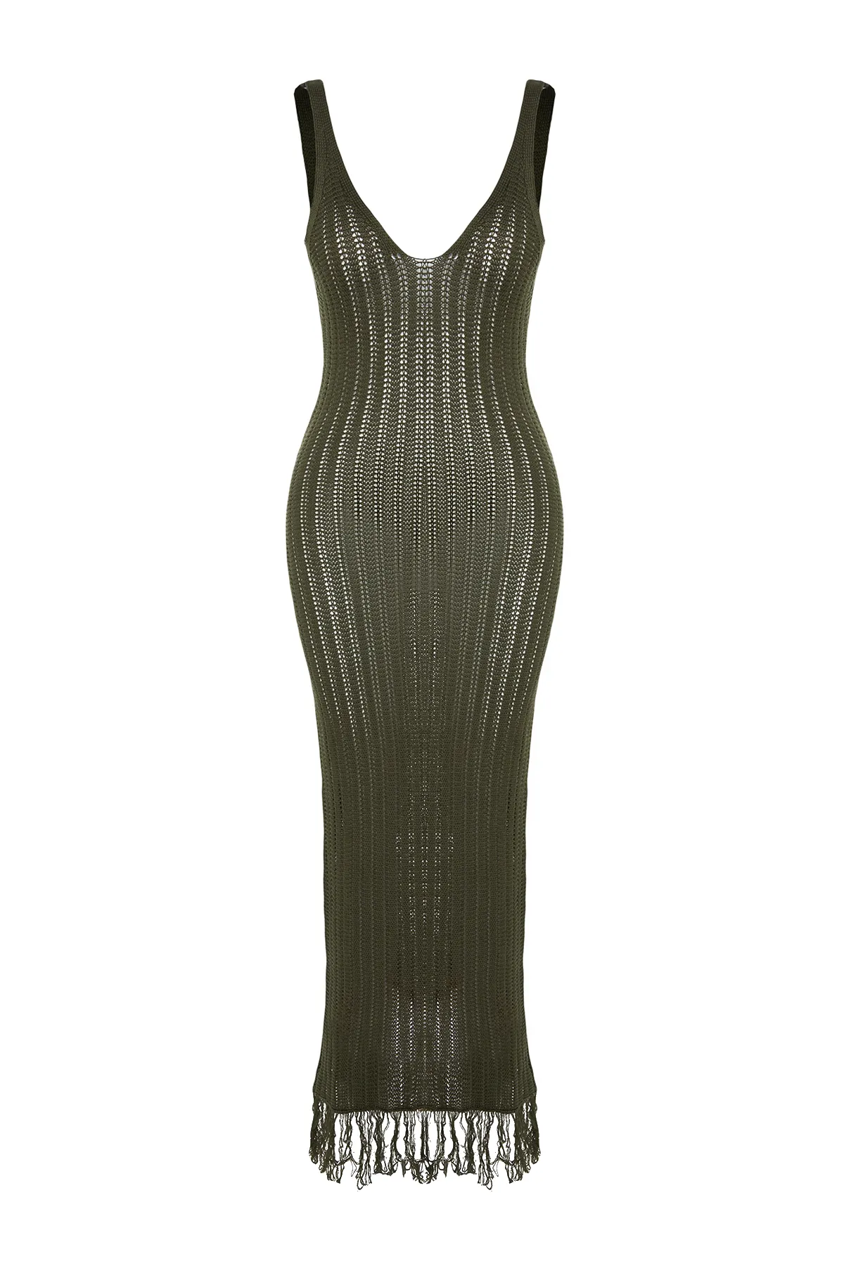 Trendyol Collection  Khakifarbenes, tailliertes Maxi-Strandkleid aus gestricktem Strickpullover mit Quasten TBESS22EL2920