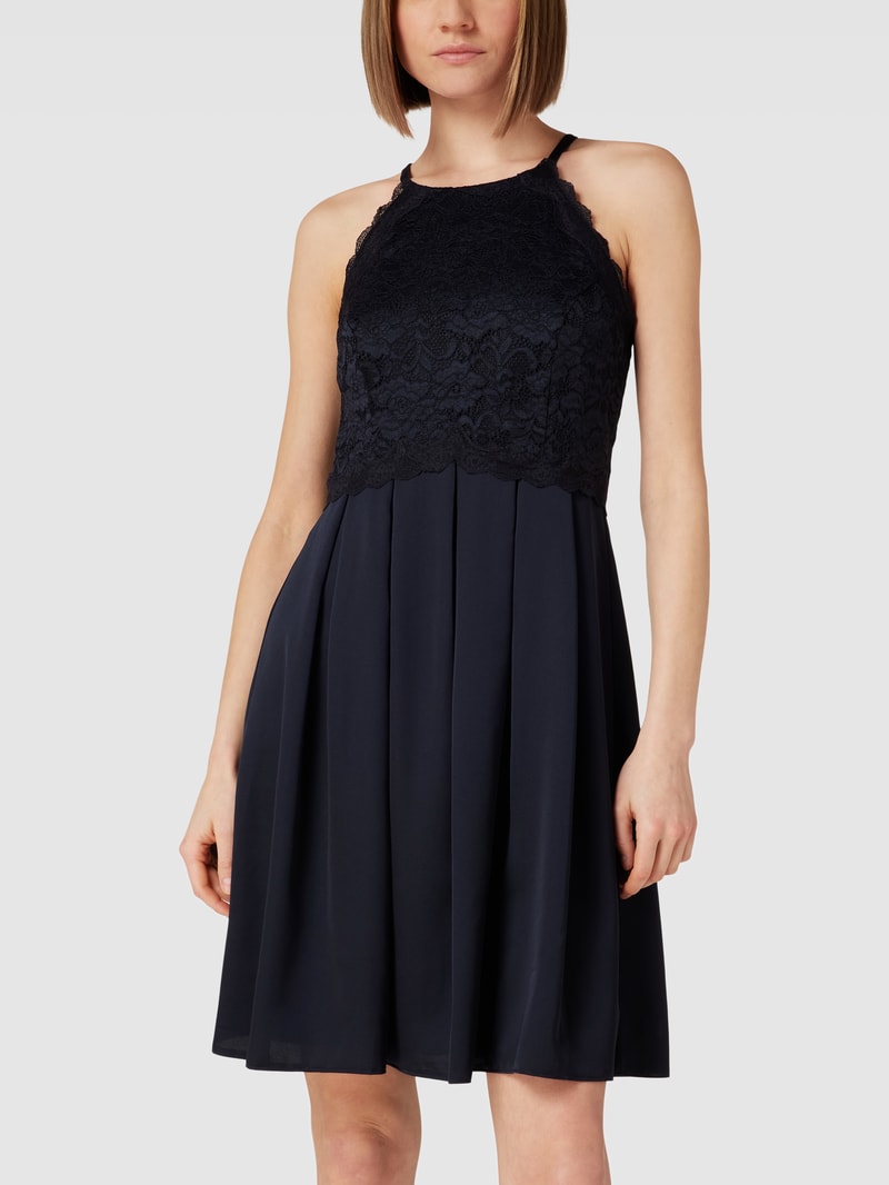Knielanges Cocktailkleid mit Spitzenbesatz in marineblau meliert