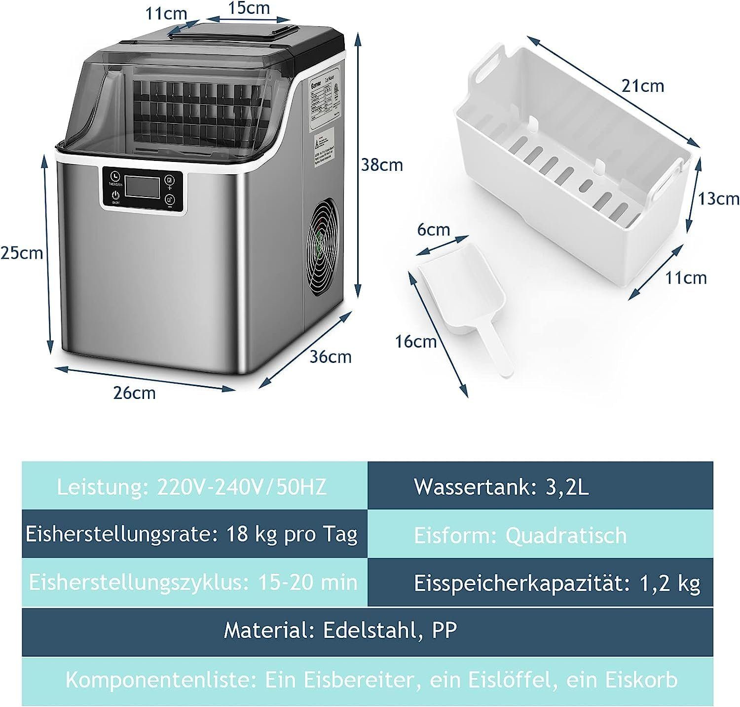KOMFOTTEU Eiswürfelmaschine, 18 kg/24 Std., mit 3,2 L Wassertank & 1,2 kg Eiskorb