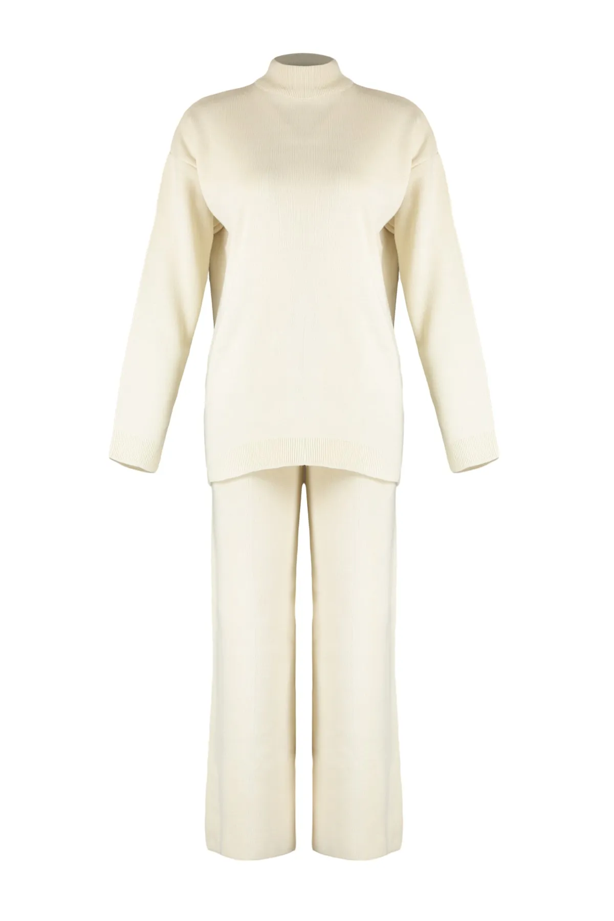 Trendyol Modest  Steinfarbenes Strickset mit halbem Rollkragen und Schlitzdetail, Pullover und Hose TCTAW23US00086
