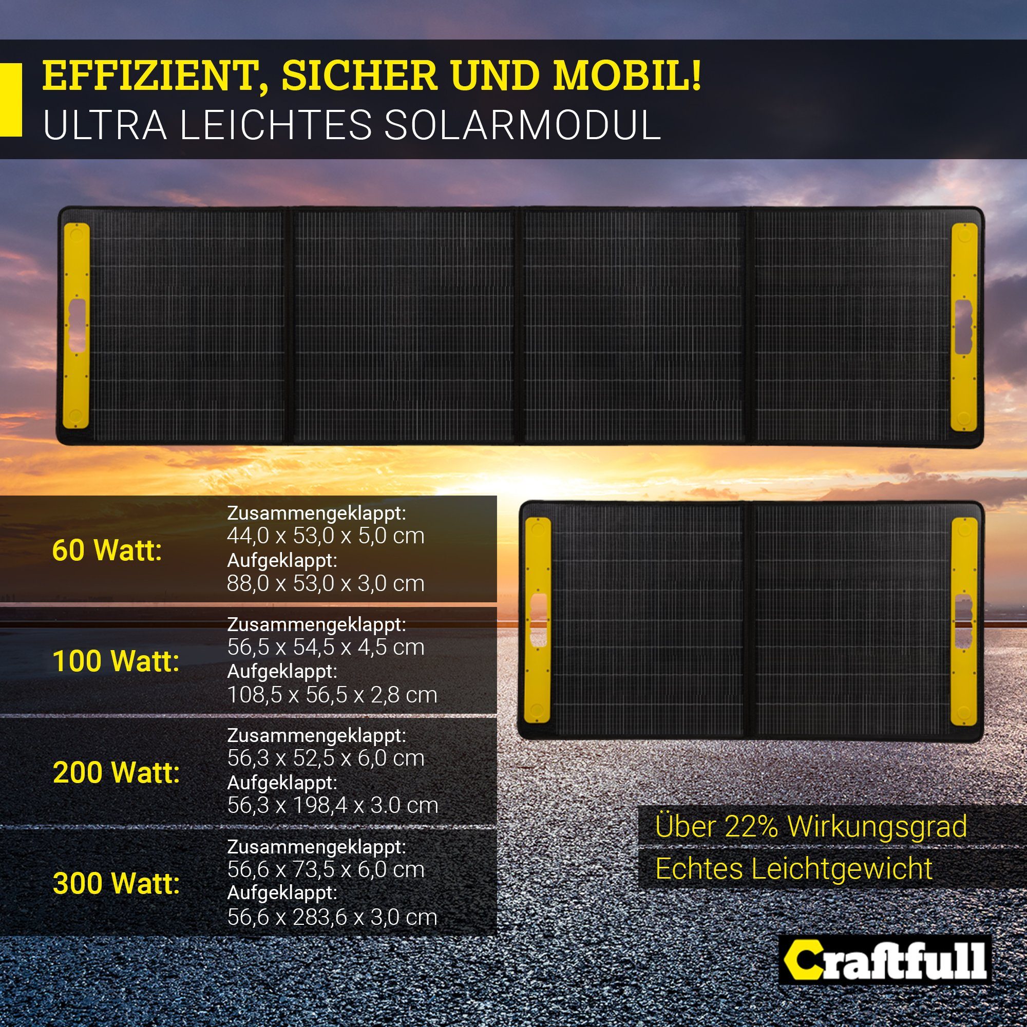 Craftfull Solarmodul Solarpanel faltbar Adventure 60 100 200 300 Watt Solarpanel, 60,00 W, Mono-Schindelzellen, (2x USB-A 1x USB-C Anschluss, ≥ 22% höherer Wirkungsgrad, Integrierte Tasche für Zubehör, Ladekabel für Craftfull Powerstation, 1-St., Tra