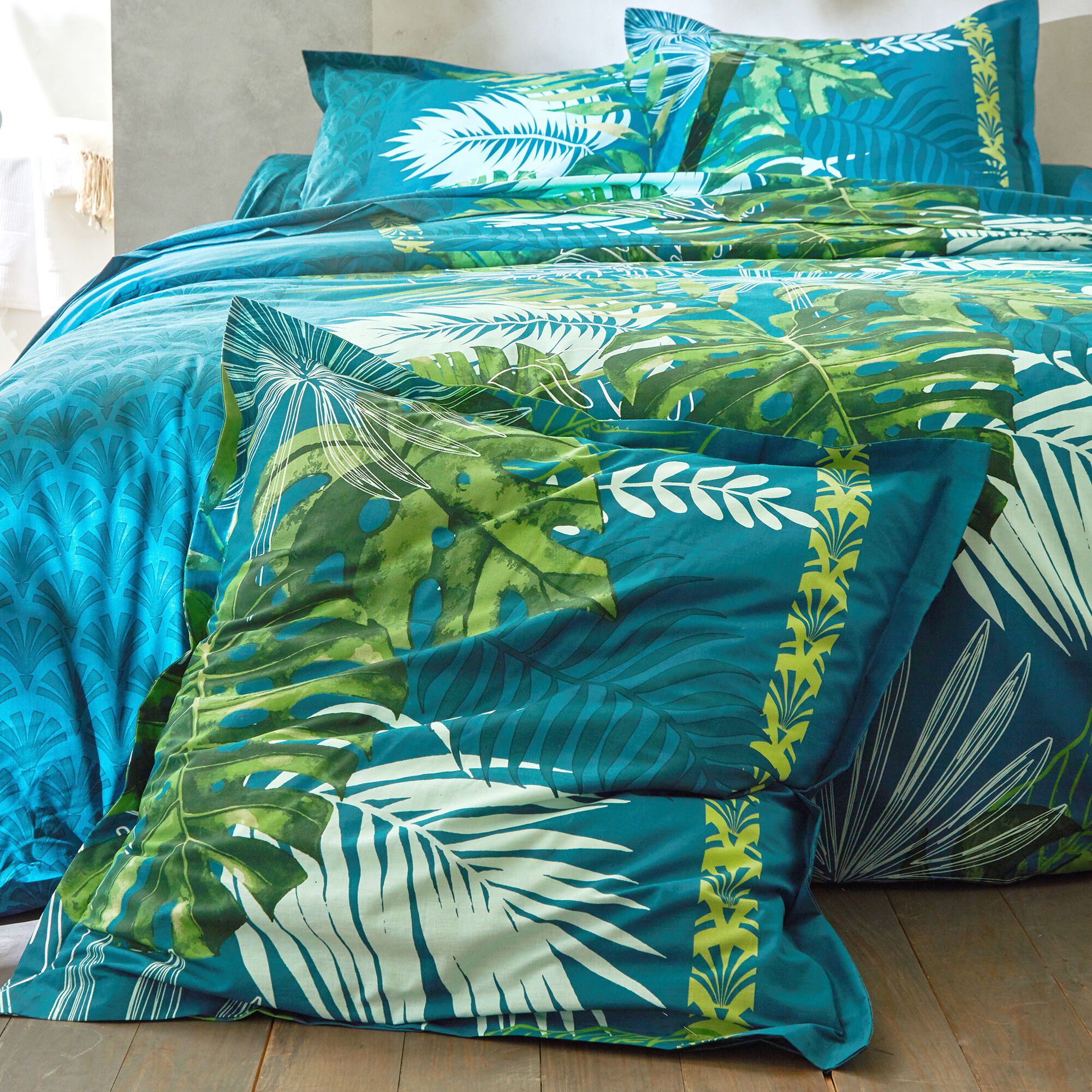 Linge de lit Cayenne en coton imprimé feuilles de palmiers