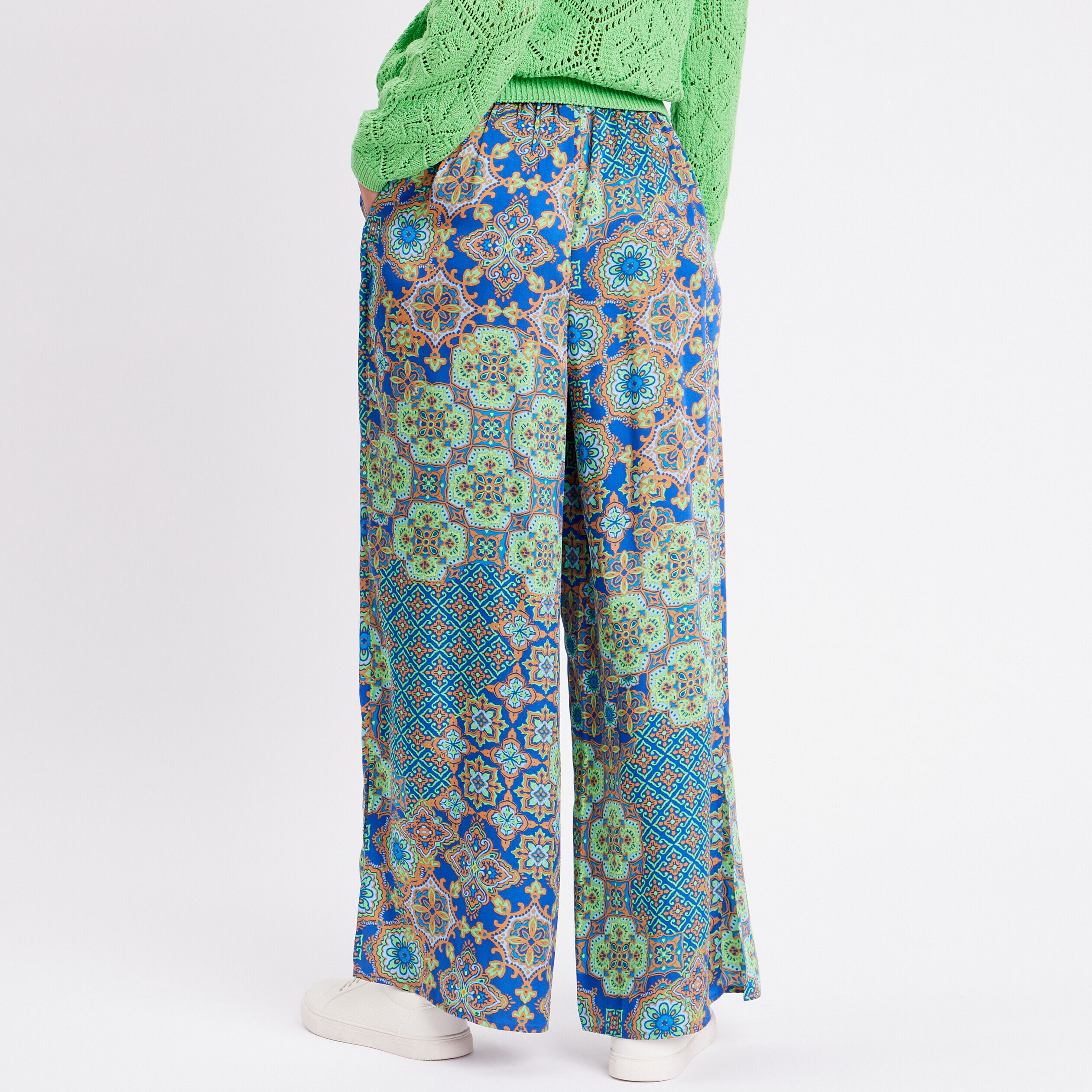 Pantalon large fendu satin bleu roi femme | Cache Cache