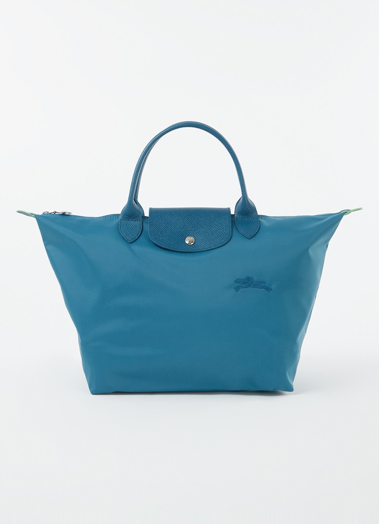 Geantă verde Longchamp Le Pliage, mărimea M, cu detalii din piele.