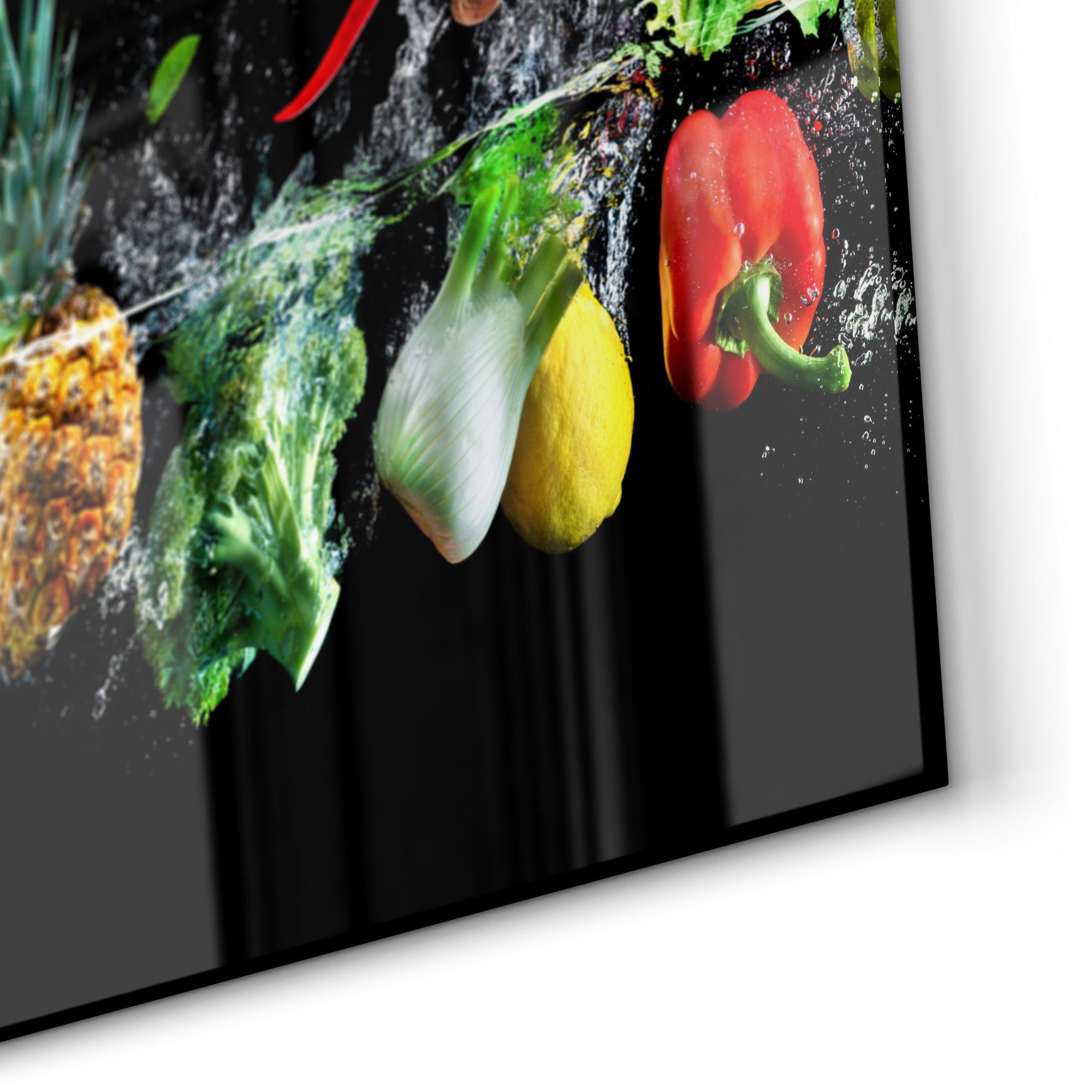DEQORI Küchenrückwand 'Sauberes Obst und Gemüse', Glas Spritzschutz Badrückwand Herdblende