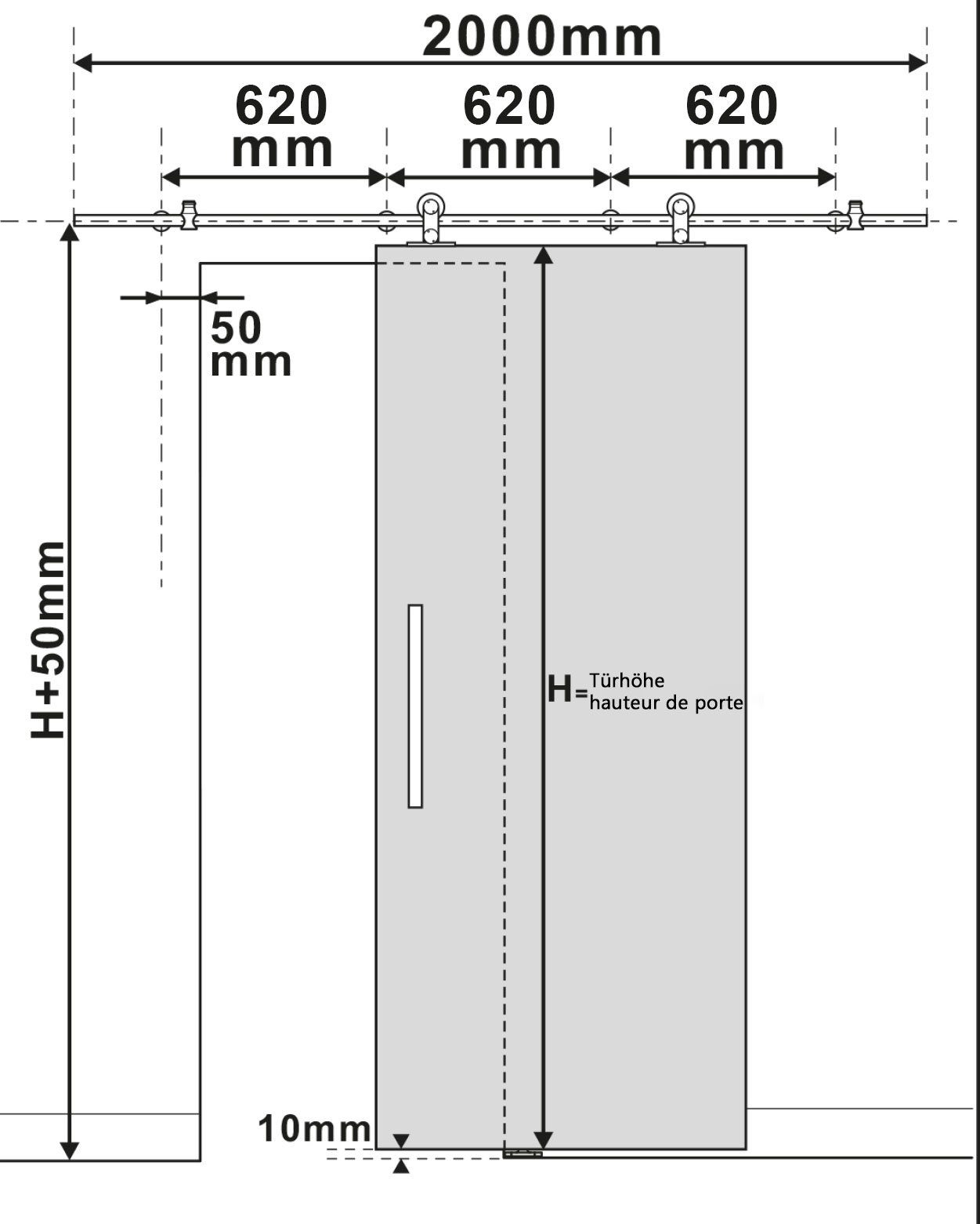 inova wohnen Schiebetür Holzschiebetür Weiß (inkl. offener Laufschiene und Stangengriff aus Edelstahl), 90 x 206,5 cm