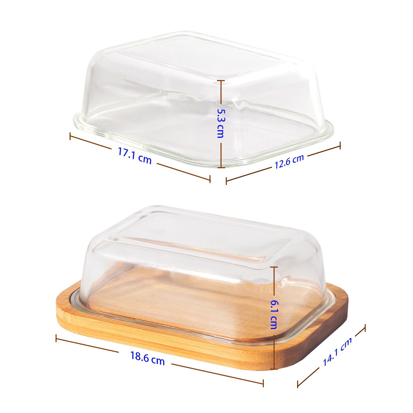 Zedelmaier Butterdose Butterdose,Butterglocke für 250g Butter,mit nachhaltigem holzdeckel, (Packung, 1 x Becher, 1 x Deckel, HYH002), Butterdose aus Boraxglas & Naturdeckel aus rundem Rand