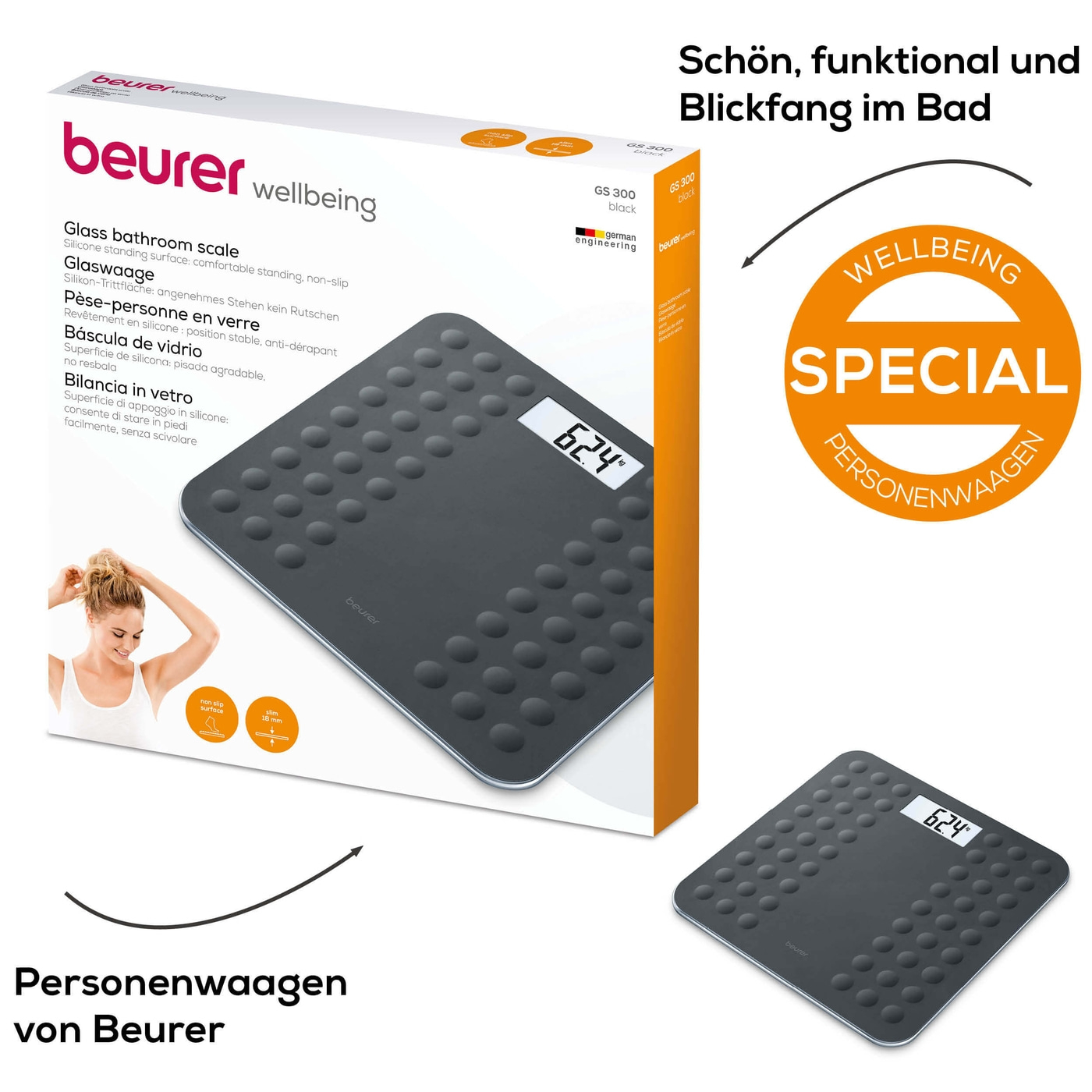 Beurer Glaswaage - GS 300 Black-Personenwaage aus Glas mit Silikonoberfläche - bis 180 kg