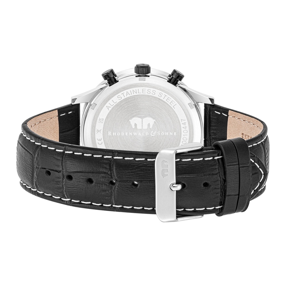 Rhodenwald & Söhne Chronographe Flight Captain en Argent Cuir véritable en Noir Montre