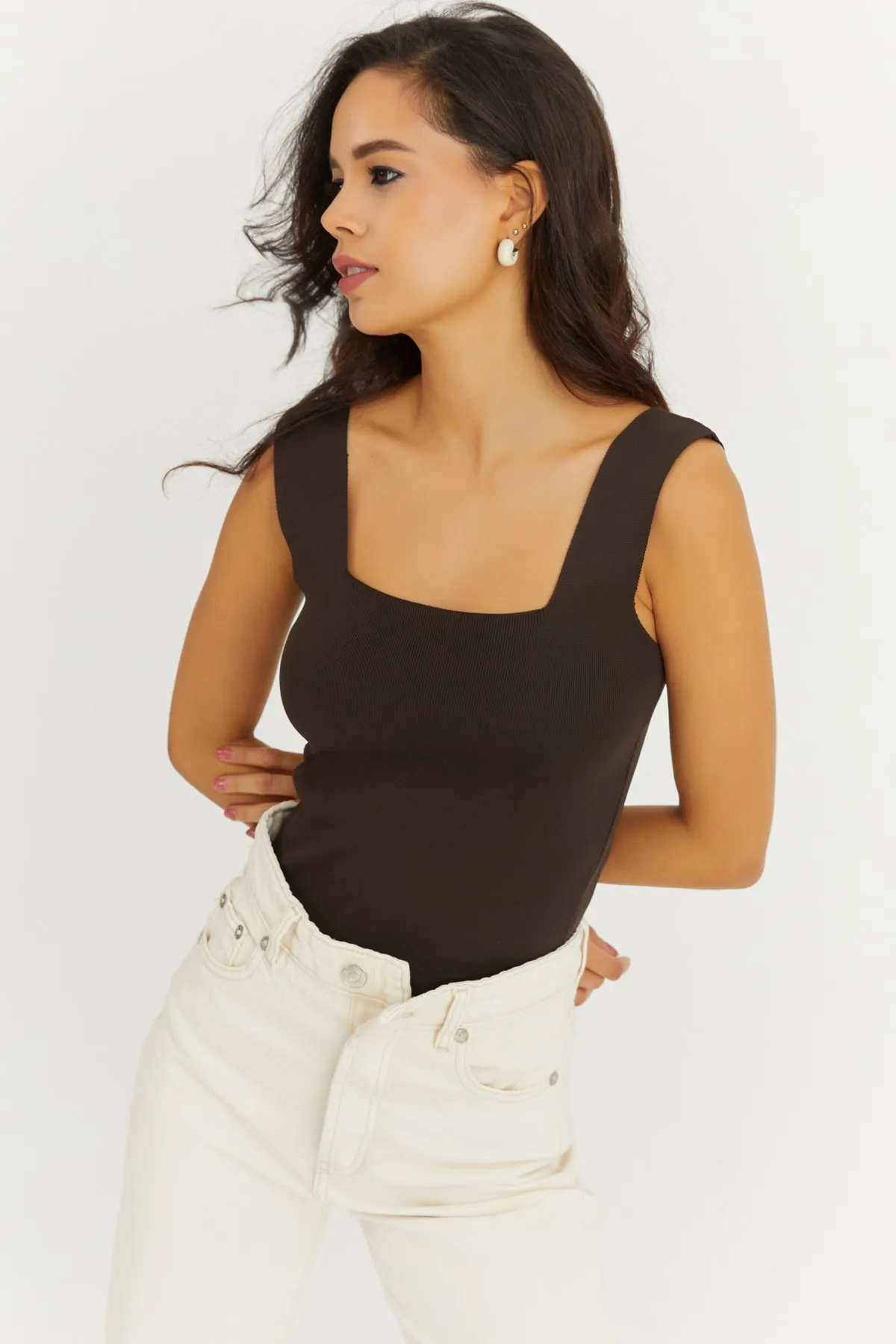 Cool & Sexy  Braune Strickbluse mit eckigem Ausschnitt für Damen YV80