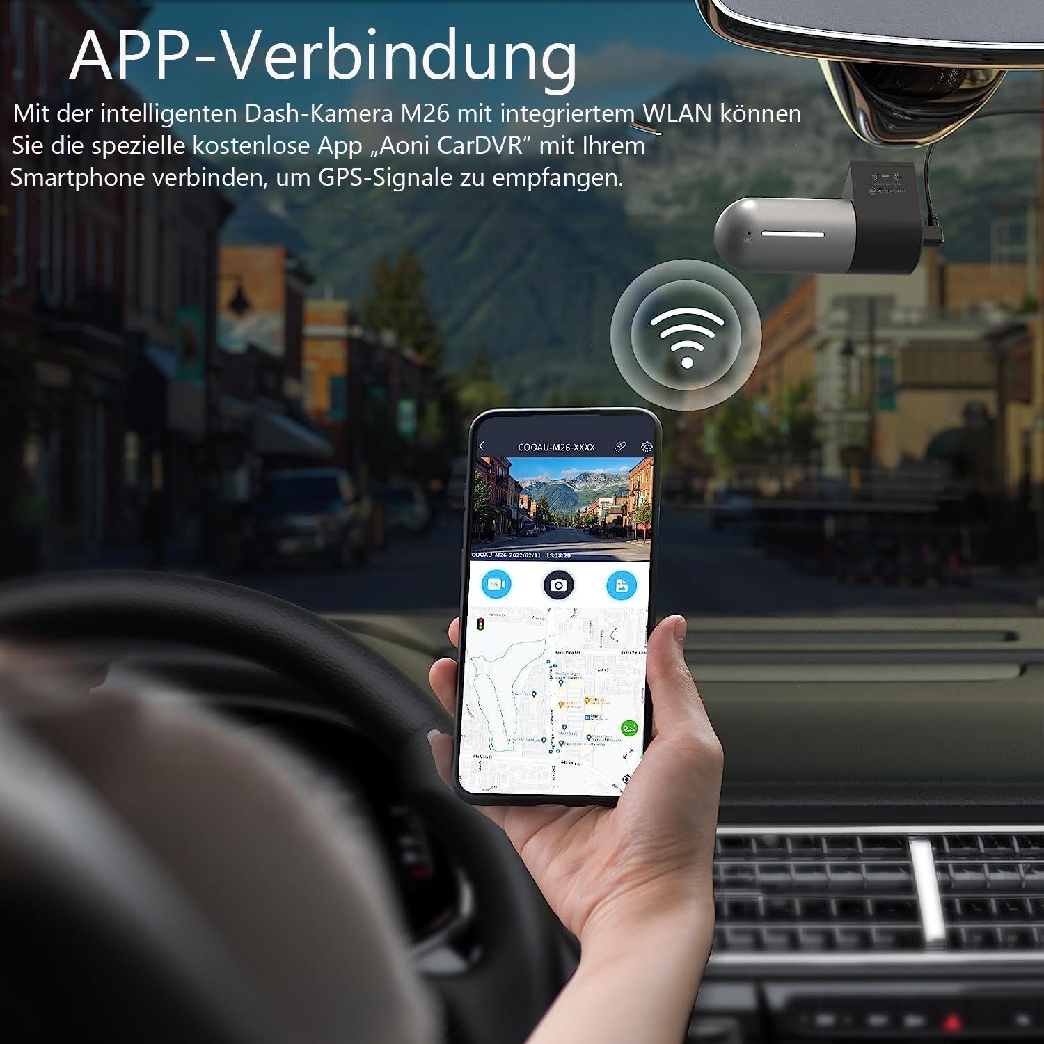 COOAU 1080P WiFi GPS Dual Dashcam Auto mit Infrarot-Nachtsicht & 2 SD Karte Dashcam (FHD, WLAN (Wi-Fi), Mini-Auto-Front-Center-Kamera-Recorder mit Superkondensator,G-Sensor, WDR, Loop-Aufnahme, Parkmonitor,150° Weitwinkel,App-Steuerung)