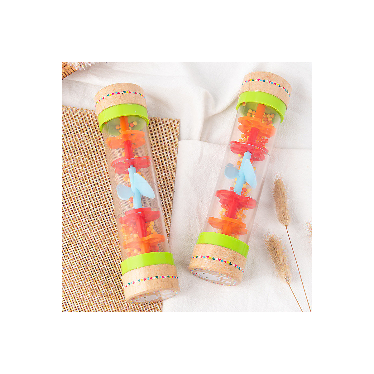 1PCS Rain Sound Tube Musik Früherziehung Musikinstrument Spielzeug 1PCS Regenbogenstab aus Holz für Kinder, simuliert Regengeräusche, Sanduhr-Quietscher Rhythmusinstrumente