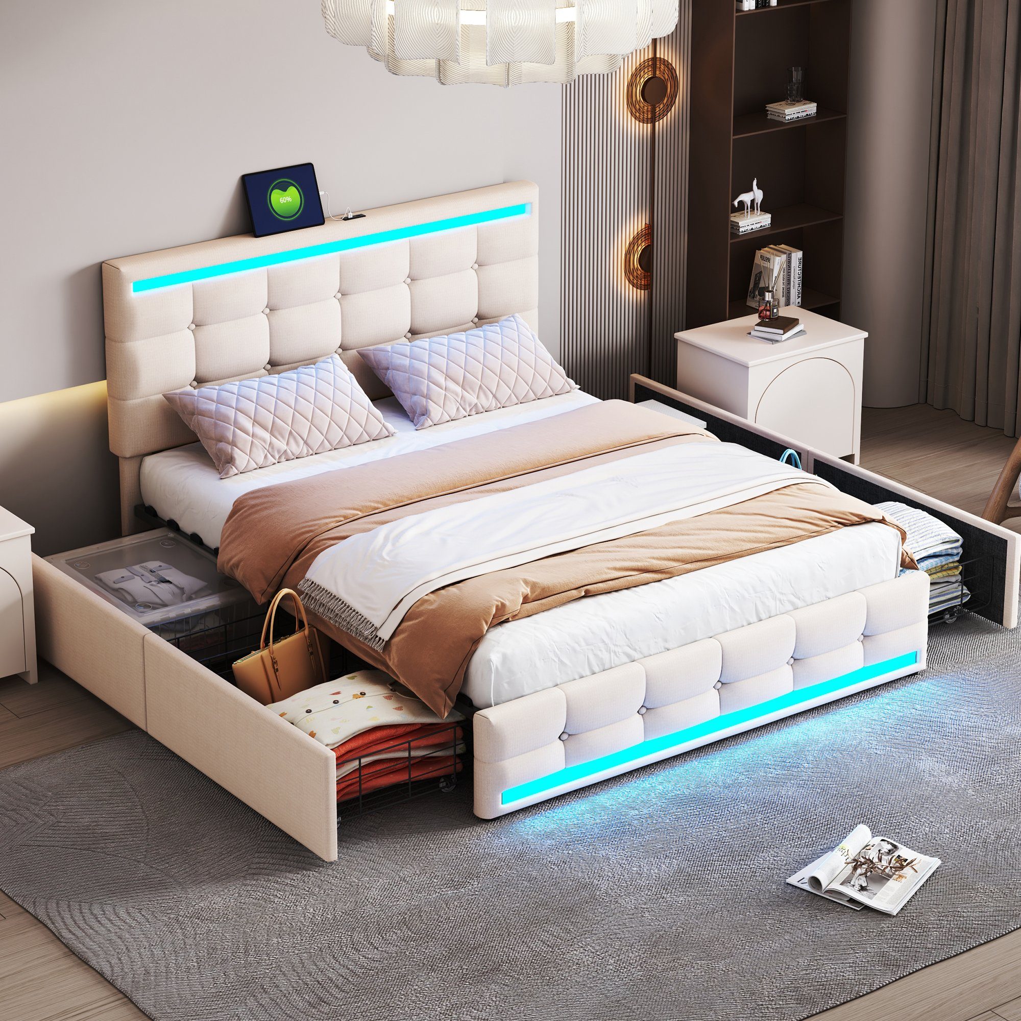WISHDOR Polsterbett Gästebetten Doppelbetten Bett Polsterbett Heim-Betten140*200 (mit 4 Schubladen und 2 USB-Ladestationen, Bettrahmen mit LED-Leuchten Kopfteil Trittteil, gepolstertes Plattformbett mit Stauraum), Kopfteil höhenverstellbar, ohne Matr