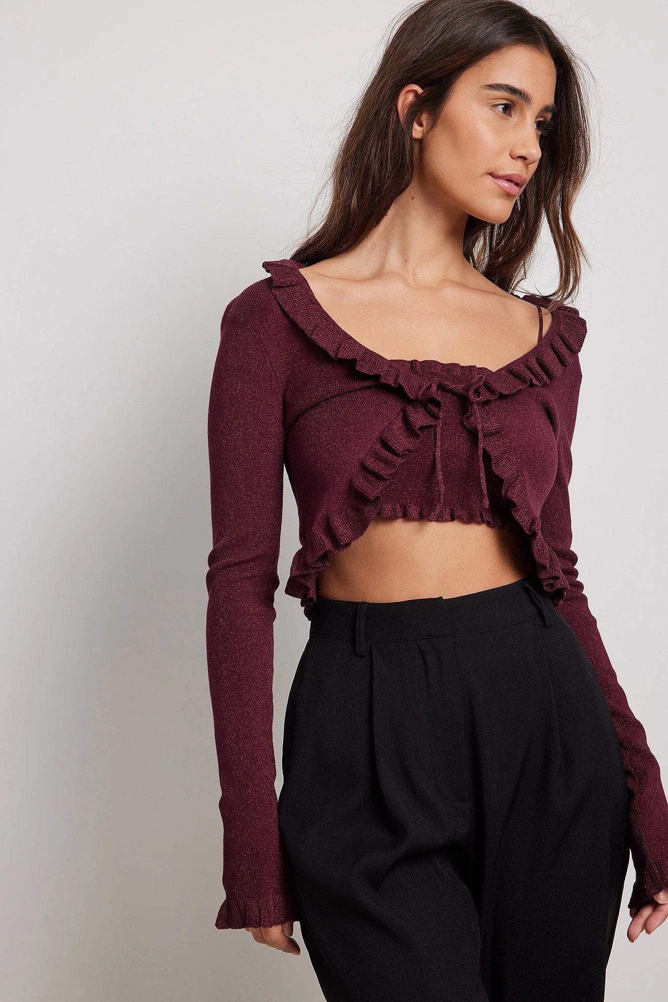 Gestrickter Rüschen-Cardigan aus Lurex