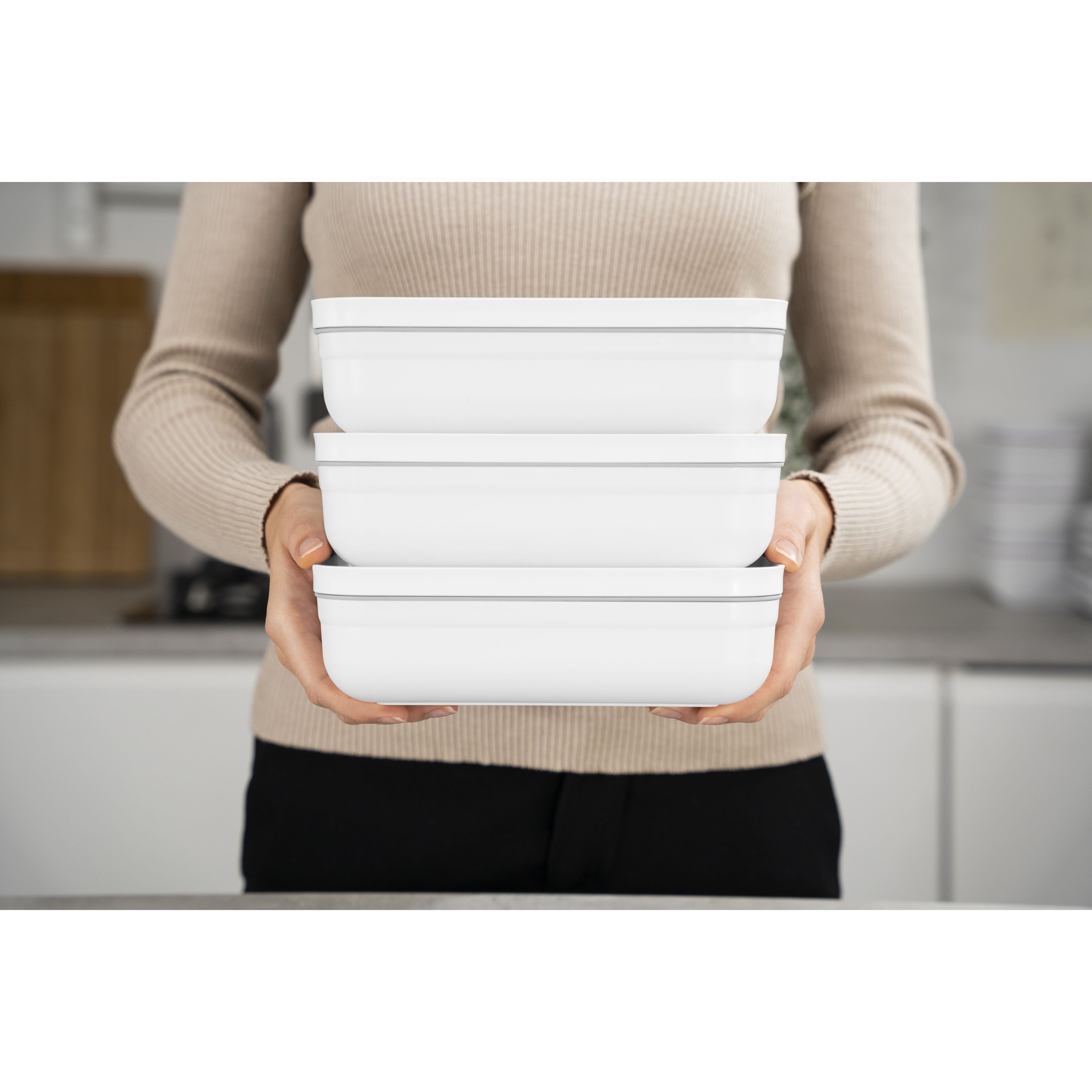 Vakuum Lunchbox L flach, Kunststoff, Weiß-grau