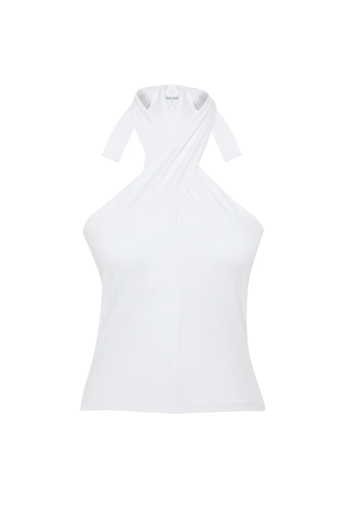 Trendyol Collection  Weiße Neckholder-Bluse mit figurbetonter Passform und Stretch-Strick TWOSS24BZ00459