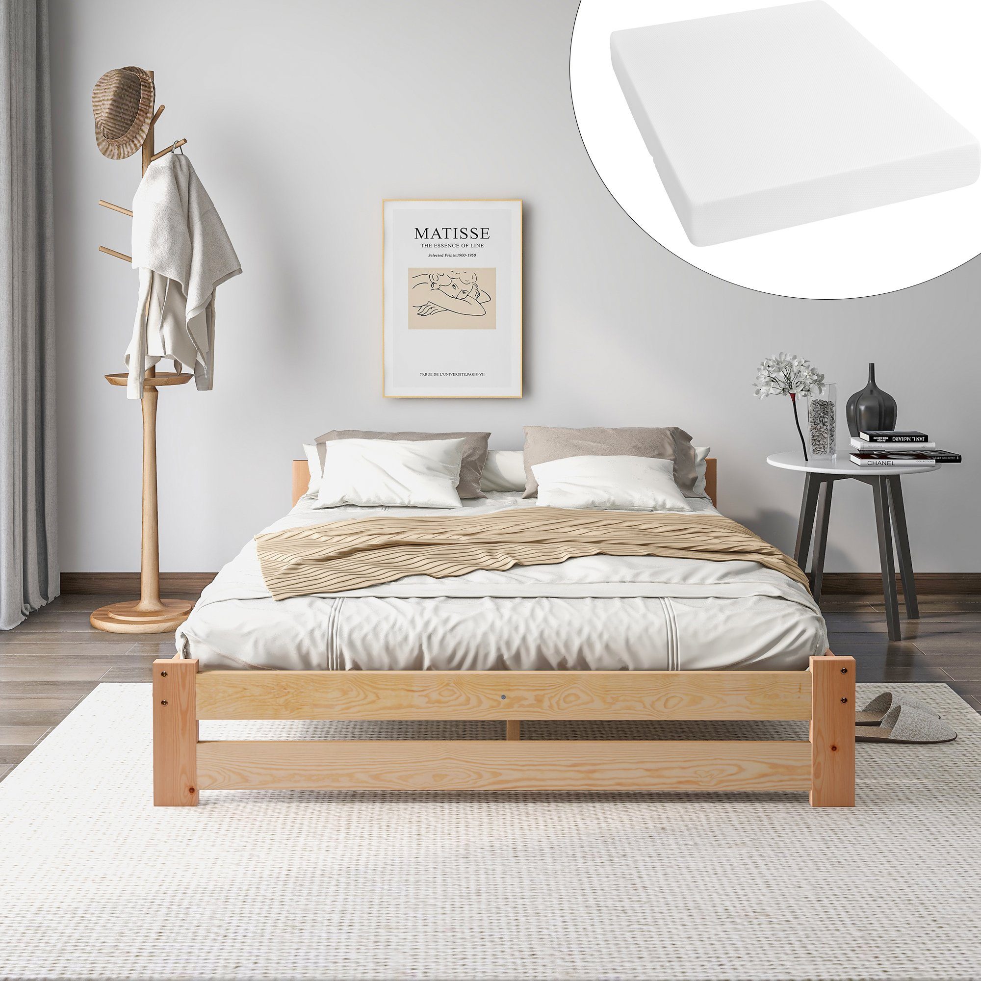 DEEP POWER Massivholzbett Holzbett Futonbett Massivholz 140x200cm Doppelbett Mit Matratzen Bett