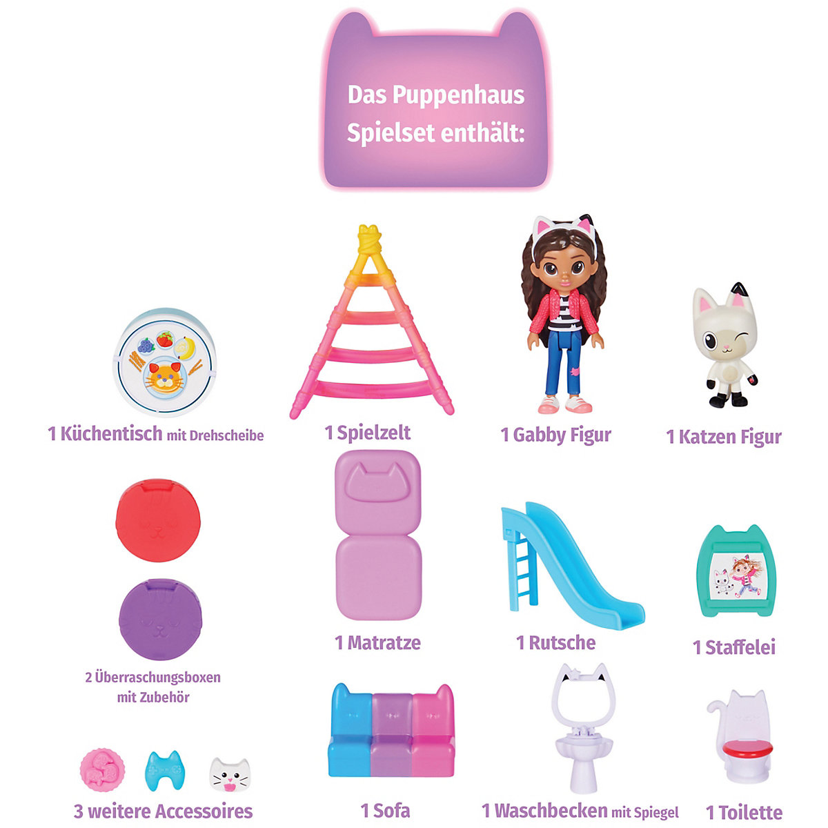 Gabby‘s Dollhouse, Puppenhaus mit 2 Spielzeugfiguren, 8 Möbelstücken, 3 Zubehörteilen, 2 Überraschungsboxen und Geräuschen, geeignet für Kinder ab 3 Jahren