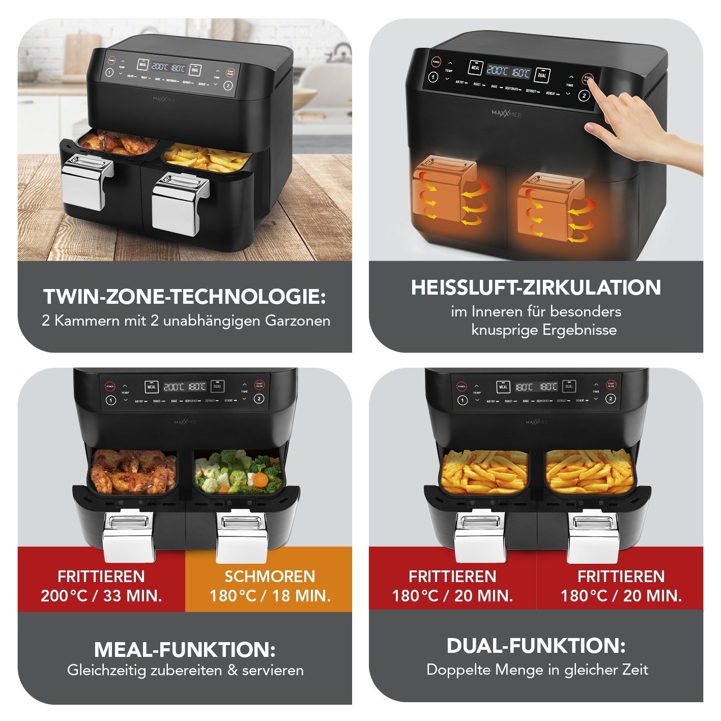 MAXXMEE Heißluftfritteuse Doppelkorb - 2x 3,8 l - 6 Programme Fritteuse, 2400 W, ohne Öl, 2 unanbhängige Garzonen