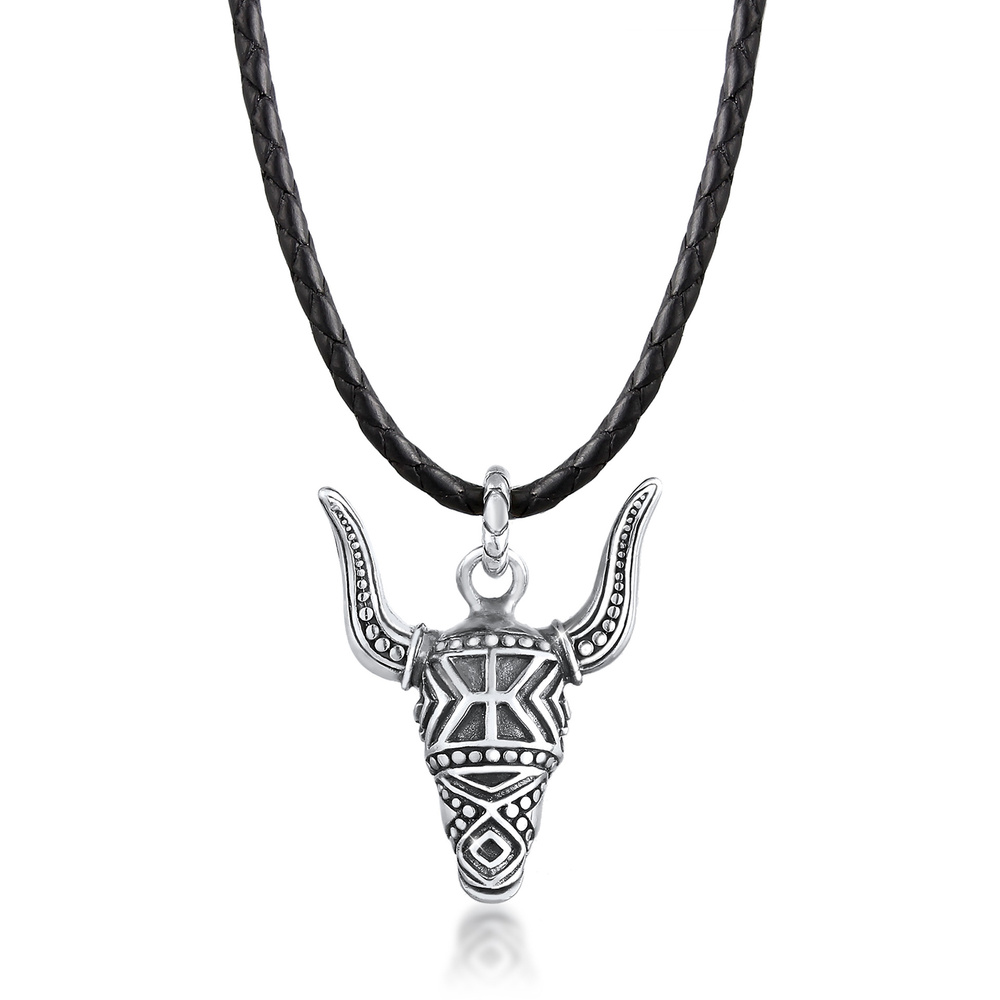 KUZZOI KUZZOI Collier Herren Lederkette Stierkopf Oxidiert 925 Silber collier