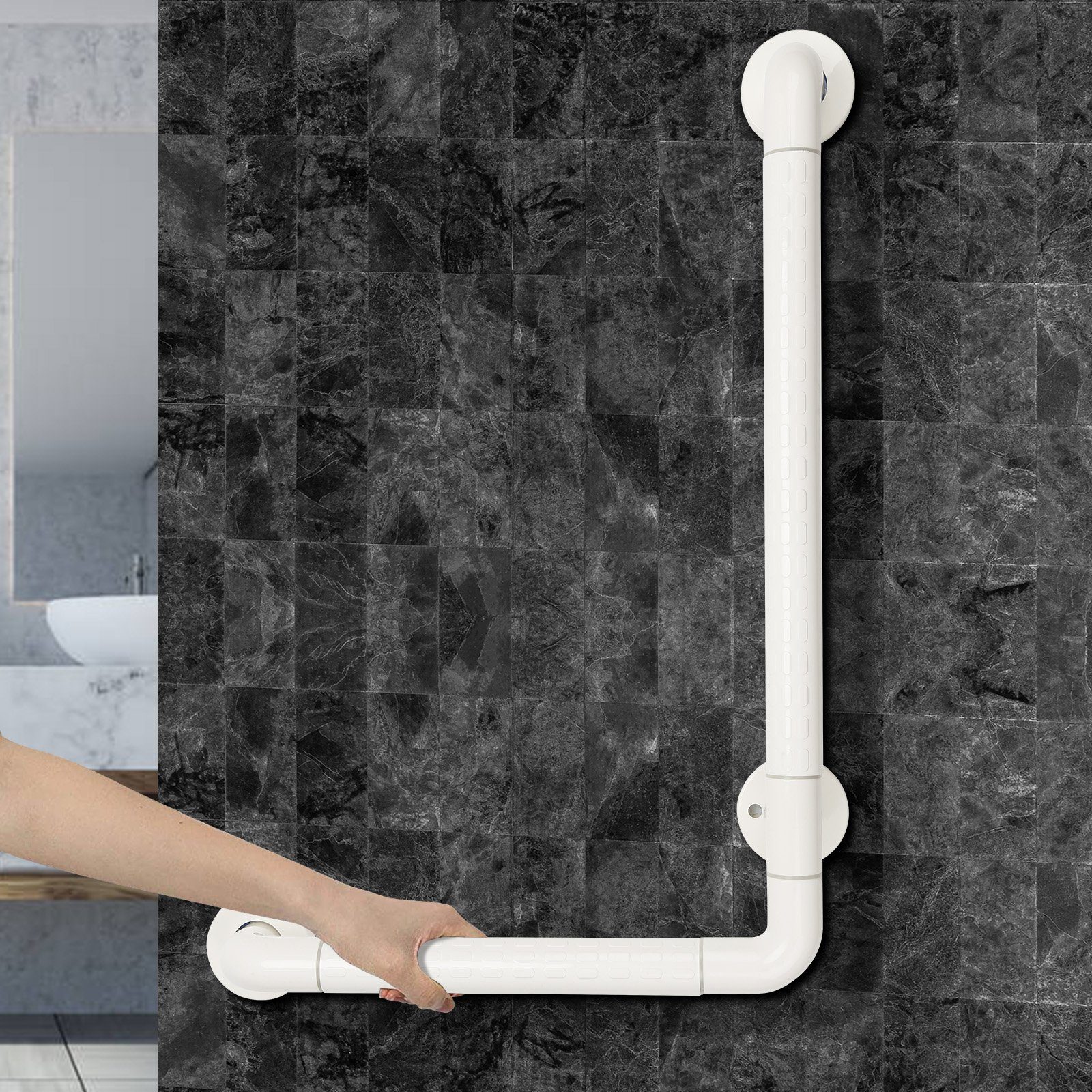 Gimisgu Haltegriff Dusche Rutschfester L-FöRmiger Fluoreszierender Wandgriff Badewanne, belastbar bis 200 kg, Wandmontage Schlafzimmer Treppengeländer 60*40cm Weiß