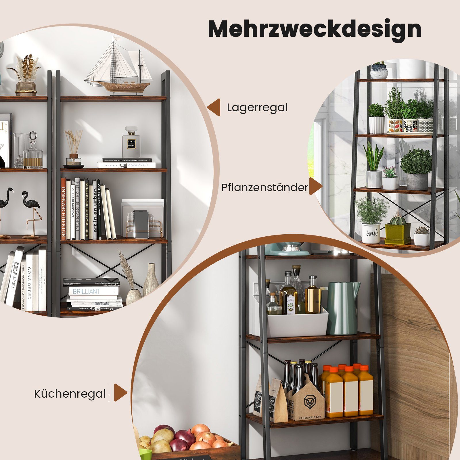 COSTWAY Bücherregal, stehend, 4 Ebenen, Metallrahmen, Kippsicherungen, 138cm