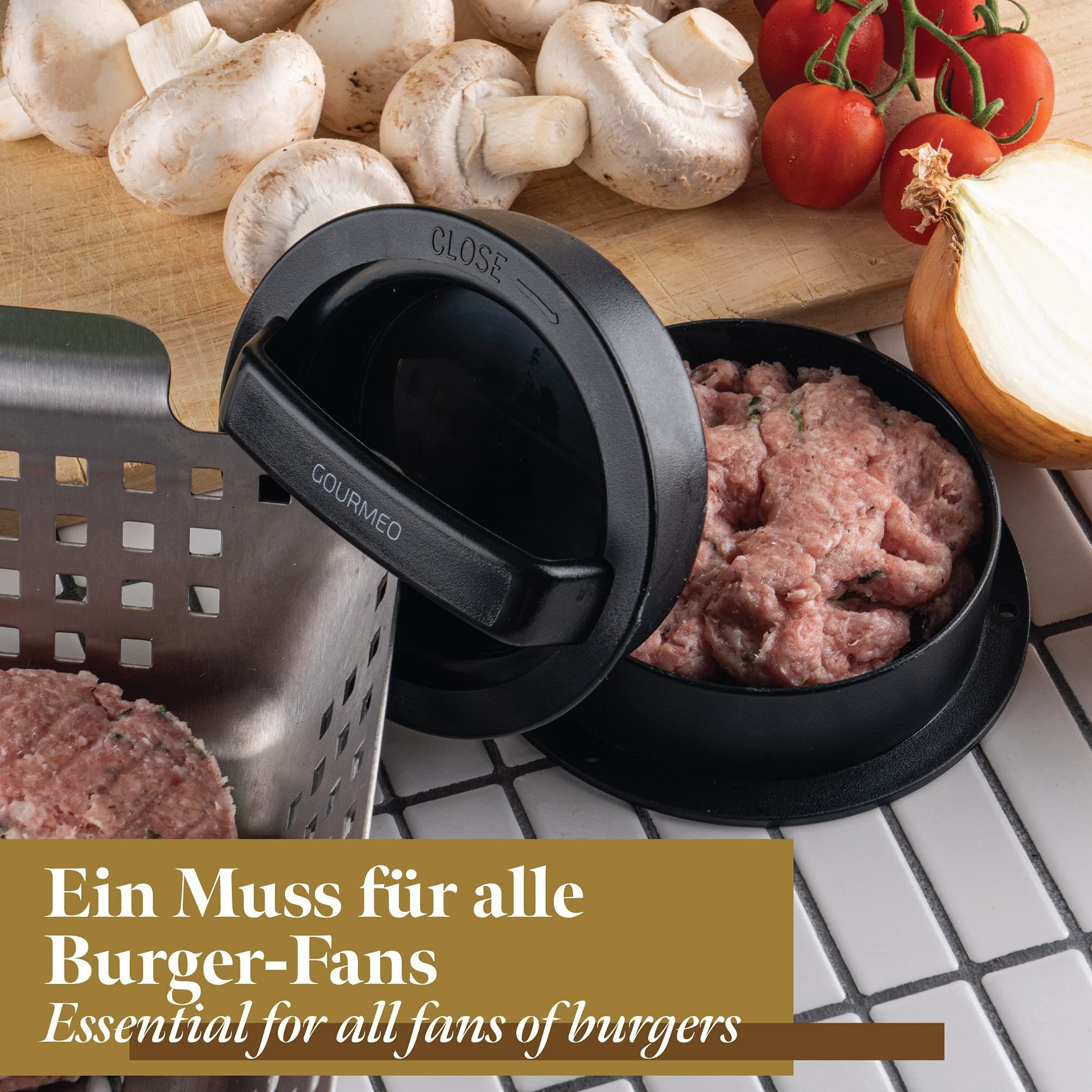 GOURMEO Burgerpresse 3-in-1 Burgerpresse mit Antihaftpapier für runde Patties, Kunststoff, 3-in-1 Burgerpresse mit Antihaftbeschichtung